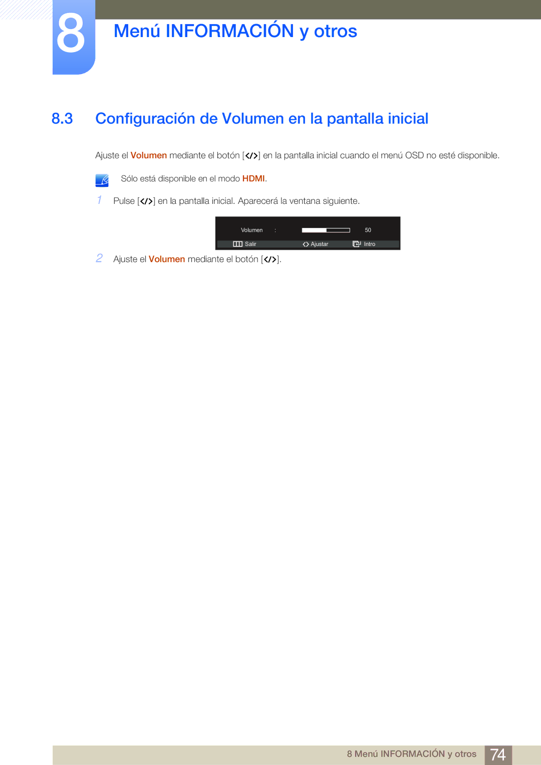 Samsung LS27A950DS/EN, LS27A950DSL/EN manual Configuración de Volumen en la pantalla inicial 