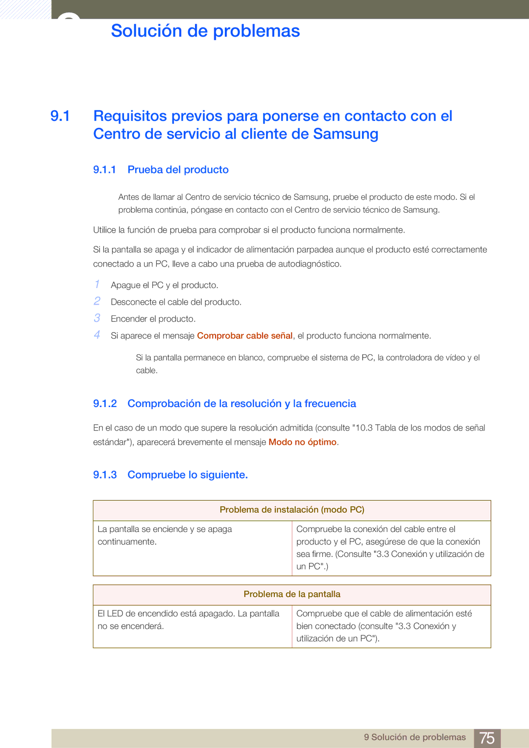 Samsung LS27A950DSL/EN manual Solución de problemas, Prueba del producto, Comprobación de la resolución y la frecuencia 