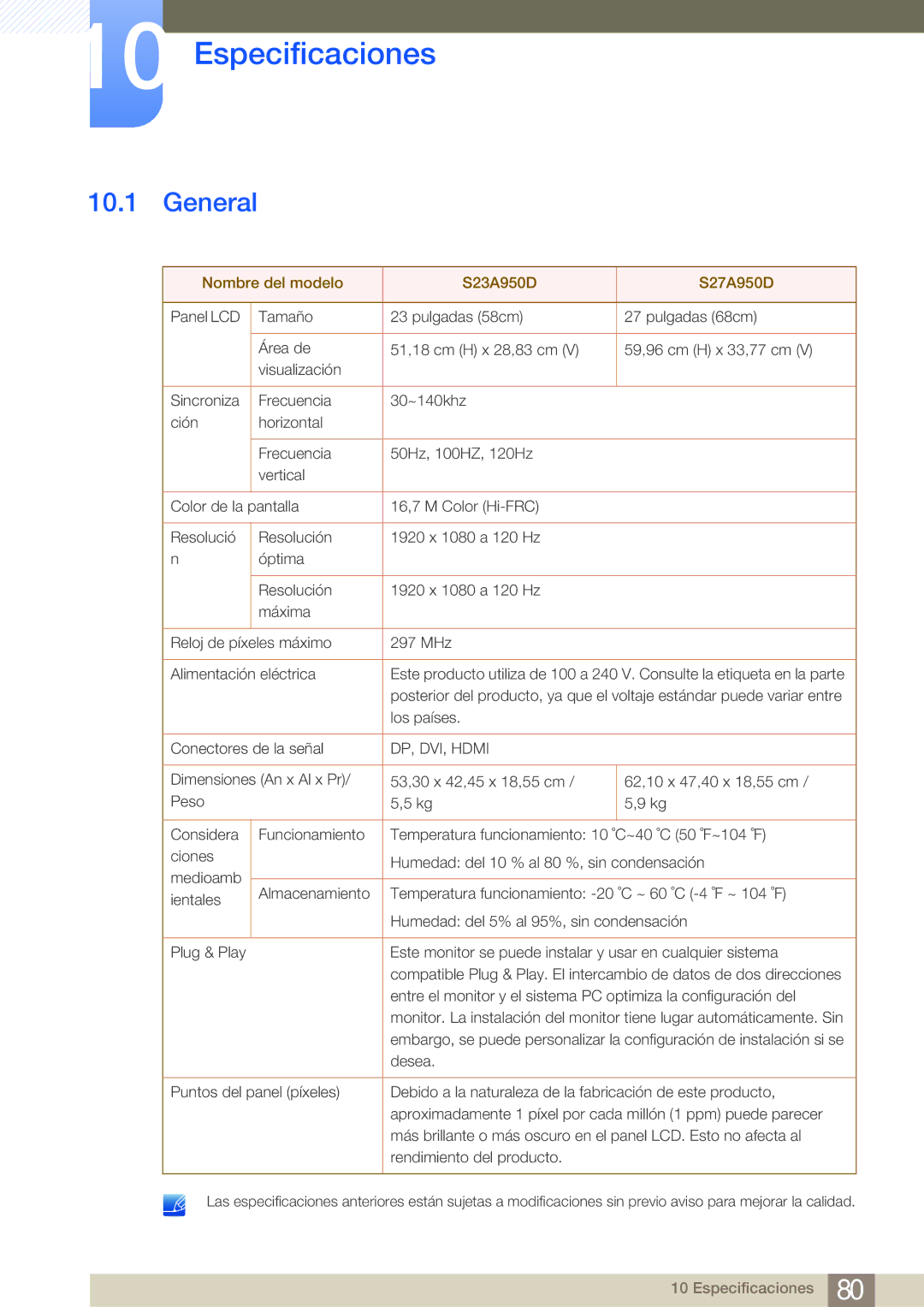 Samsung LS27A950DS/EN, LS27A950DSL/EN manual Especificaciones, General 