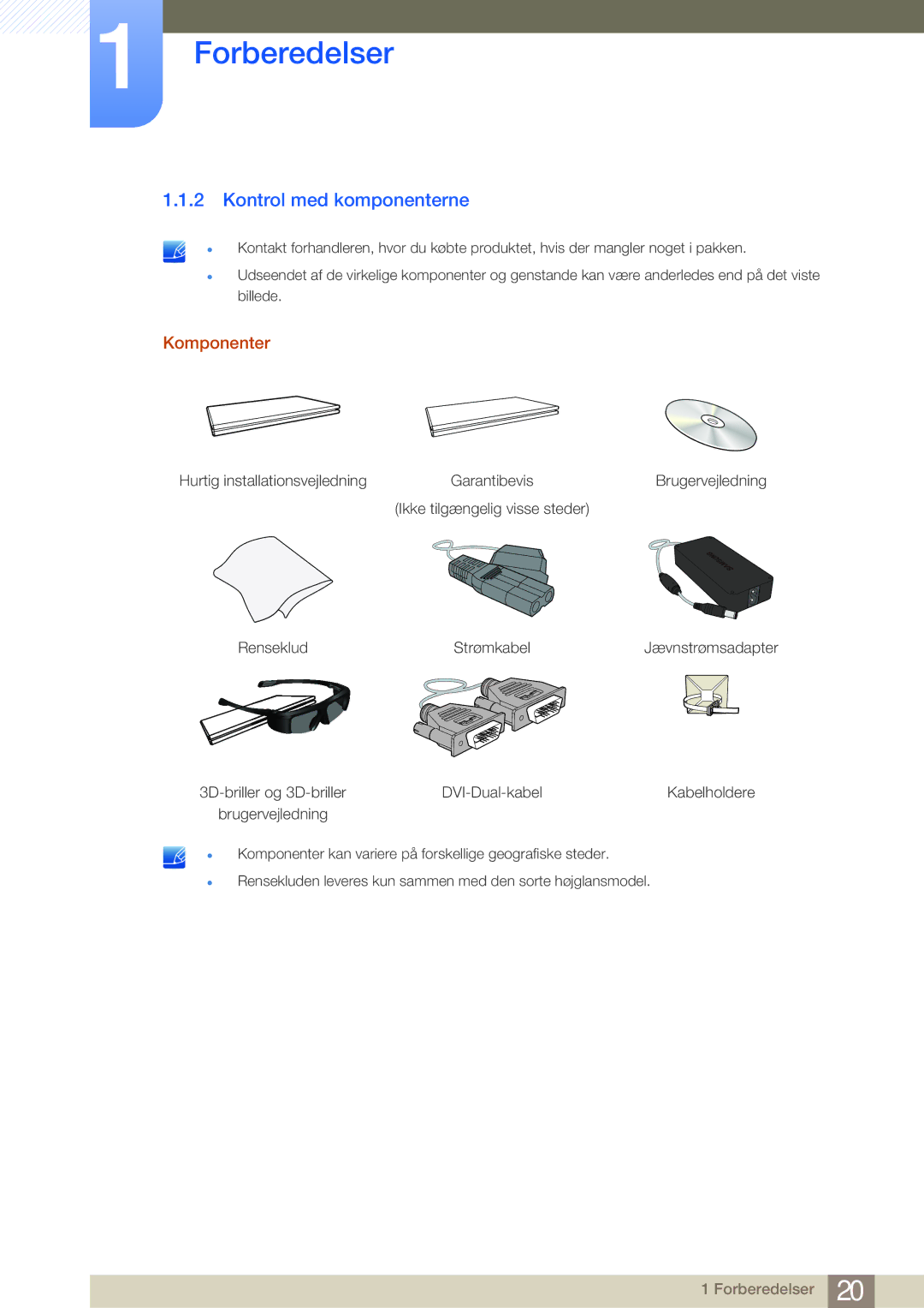 Samsung LS27A950DS/EN, LS27A950DSL/EN manual Kontrol med komponenterne, Komponenter 