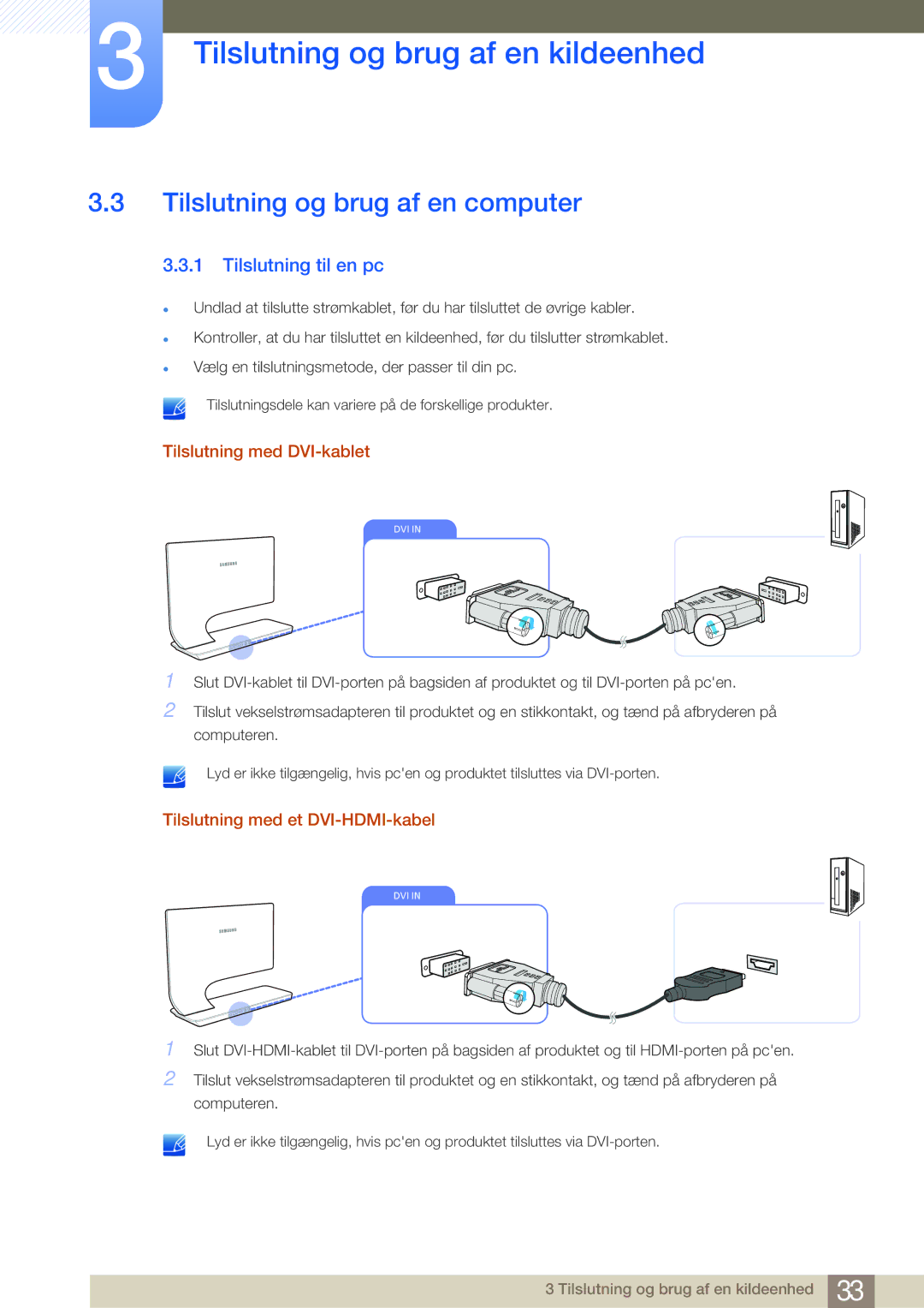 Samsung LS27A950DSL/EN manual Tilslutning og brug af en computer, Tilslutning til en pc, Tilslutning med DVI-kablet 