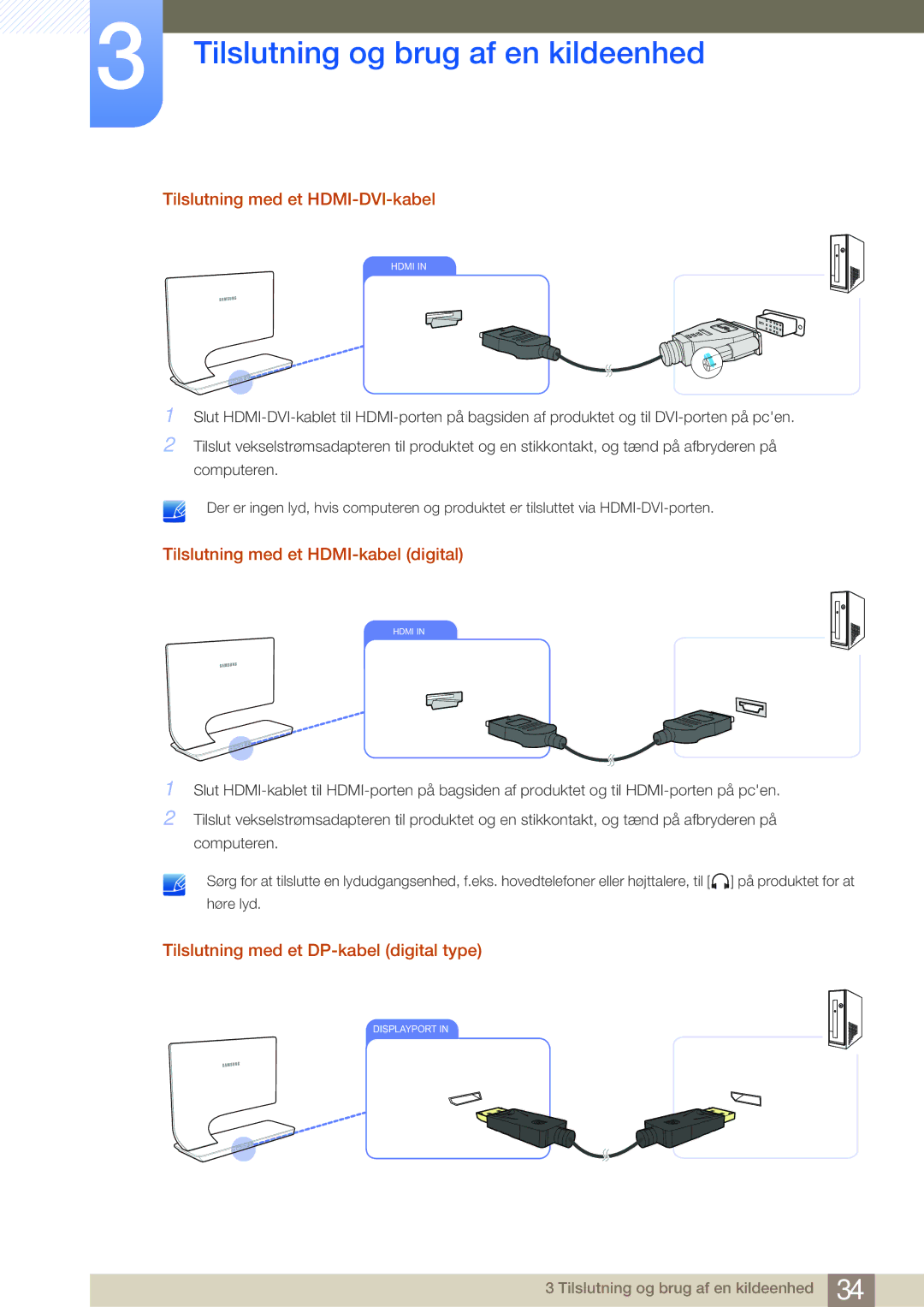 Samsung LS27A950DS/EN, LS27A950DSL/EN manual Tilslutning med et HDMI-DVI-kabel, Tilslutning med et HDMI-kabel digital 