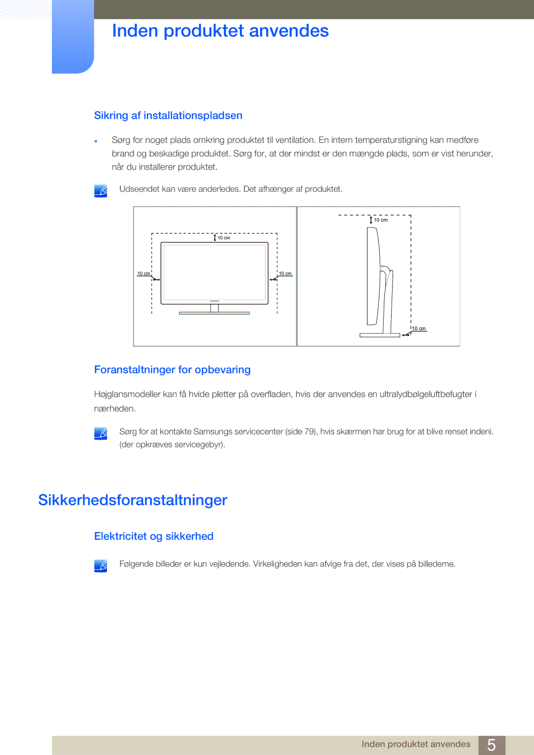 Samsung LS27A950DSL/EN manual Sikkerhedsforanstaltninger, Sikring af installationspladsen, Foranstaltninger for opbevaring 