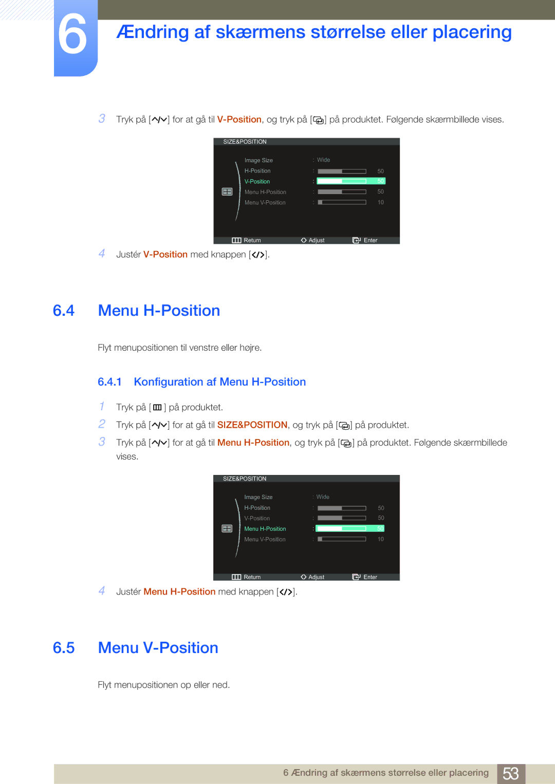 Samsung LS27A950DSL/EN, LS27A950DS/EN manual Menu V-Position, Konfiguration af Menu H-Position 