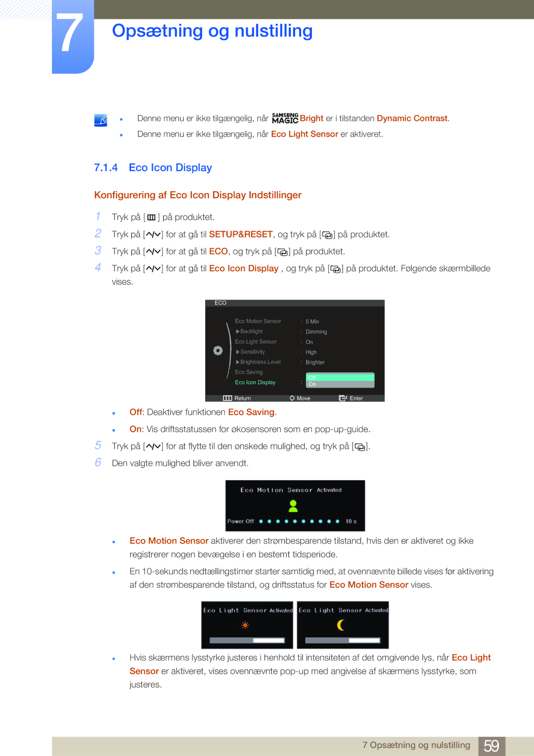 Samsung LS27A950DSL/EN, LS27A950DS/EN manual Konfigurering af Eco Icon Display Indstillinger 