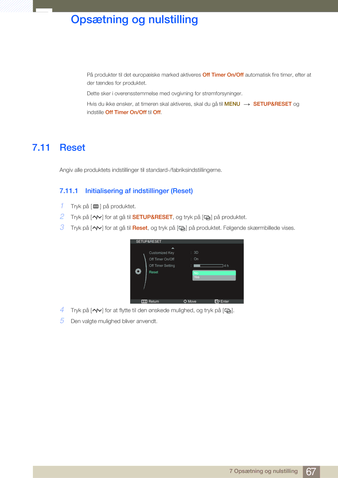 Samsung LS27A950DSL/EN, LS27A950DS/EN manual Initialisering af indstillinger Reset 