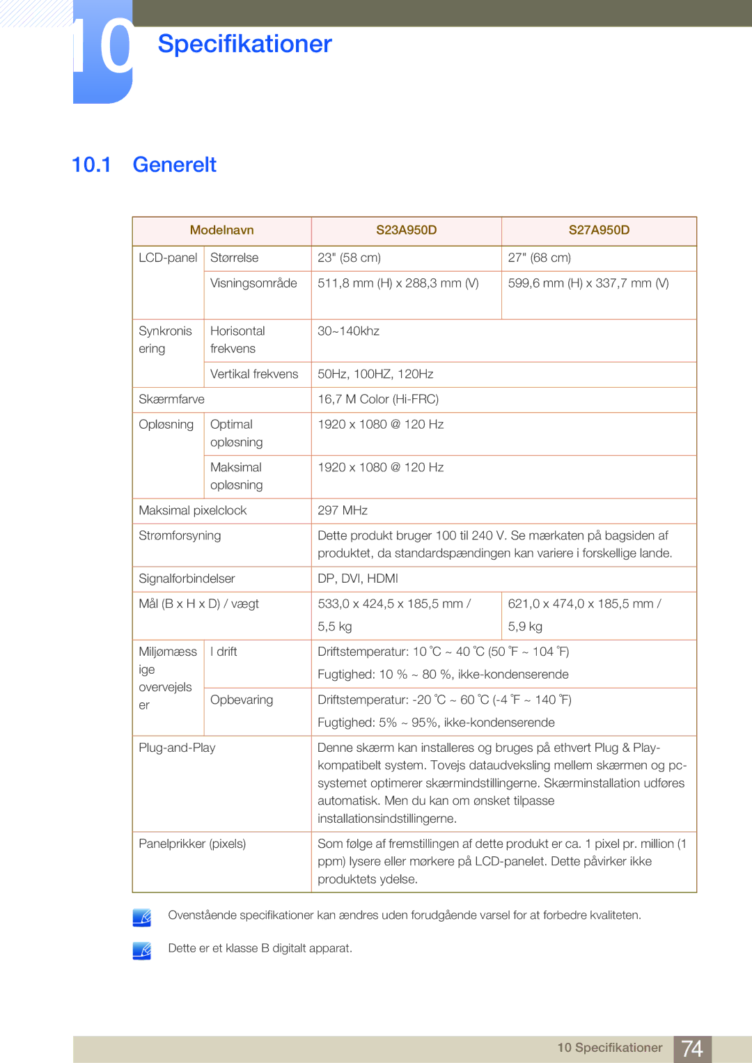 Samsung LS27A950DS/EN, LS27A950DSL/EN manual Specifikationer, Generelt 