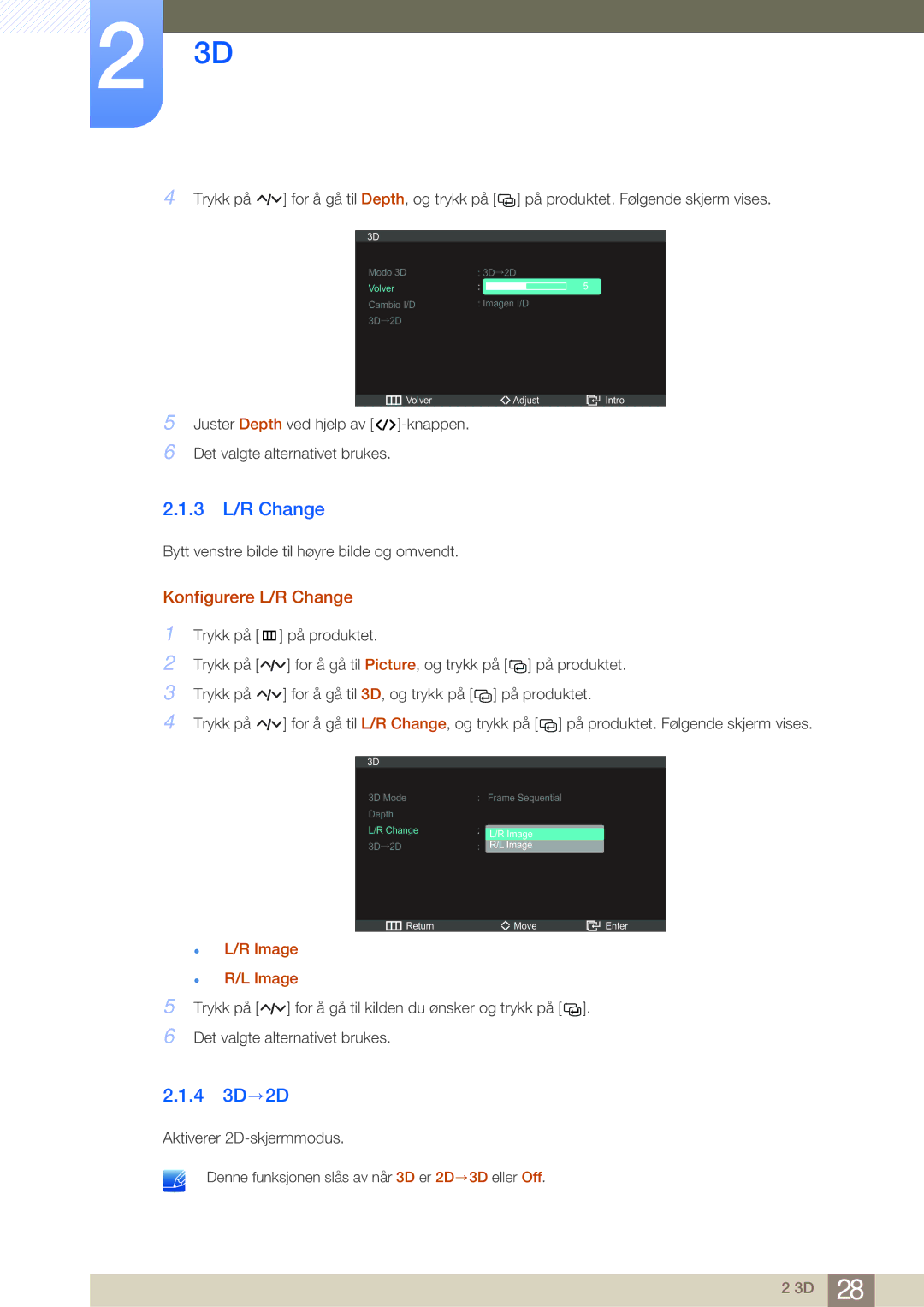 Samsung LS27A950DS/EN, LS27A950DSL/EN manual 3 L/R Change, 4 3D→2D, Konfigurere L/R Change 