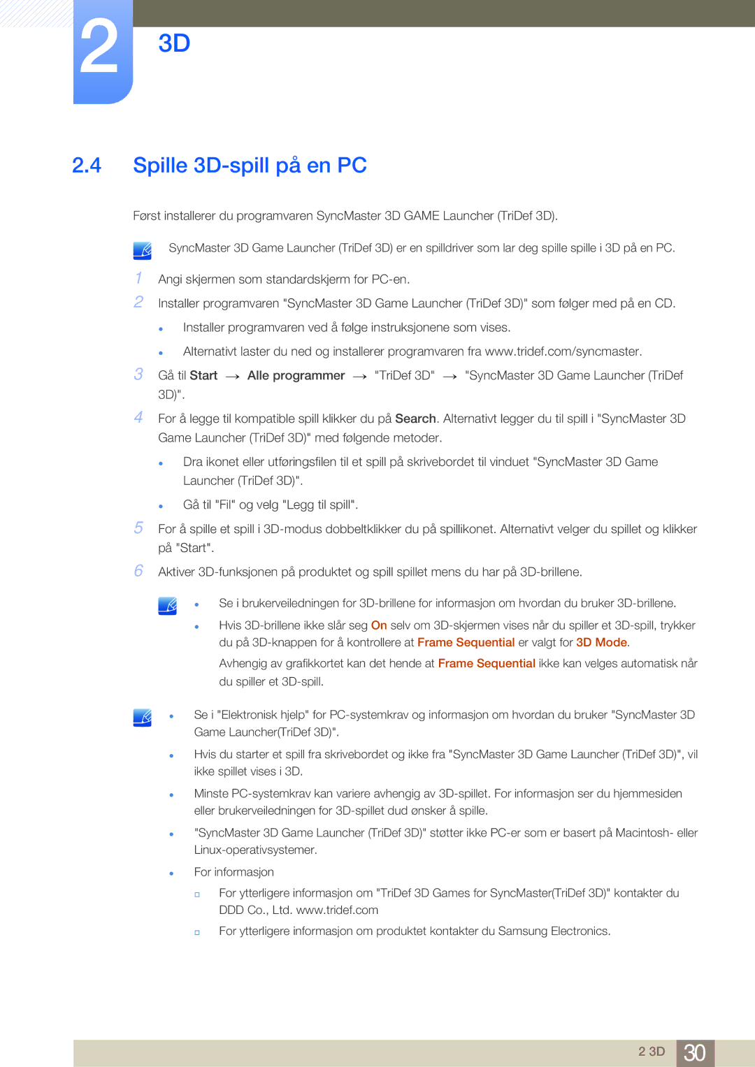 Samsung LS27A950DS/EN, LS27A950DSL/EN manual Spille 3D-spill på en PC 