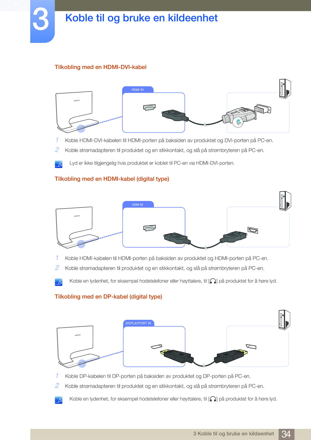 Samsung LS27A950DS/EN, LS27A950DSL/EN manual Tilkobling med en HDMI-DVI-kabel, Tilkobling med en HDMI-kabel digital type 