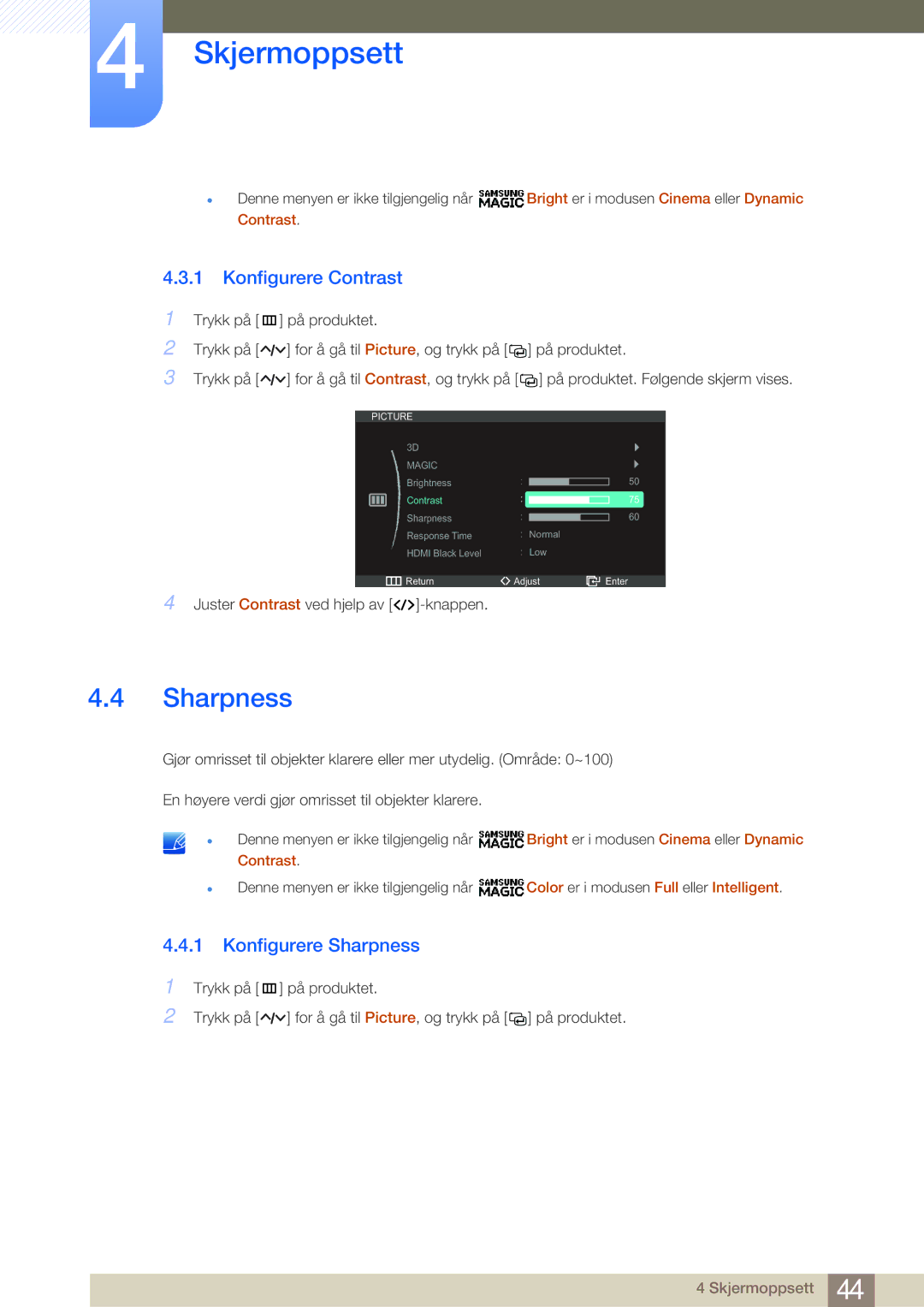Samsung LS27A950DS/EN, LS27A950DSL/EN manual Konfigurere Contrast, Konfigurere Sharpness 