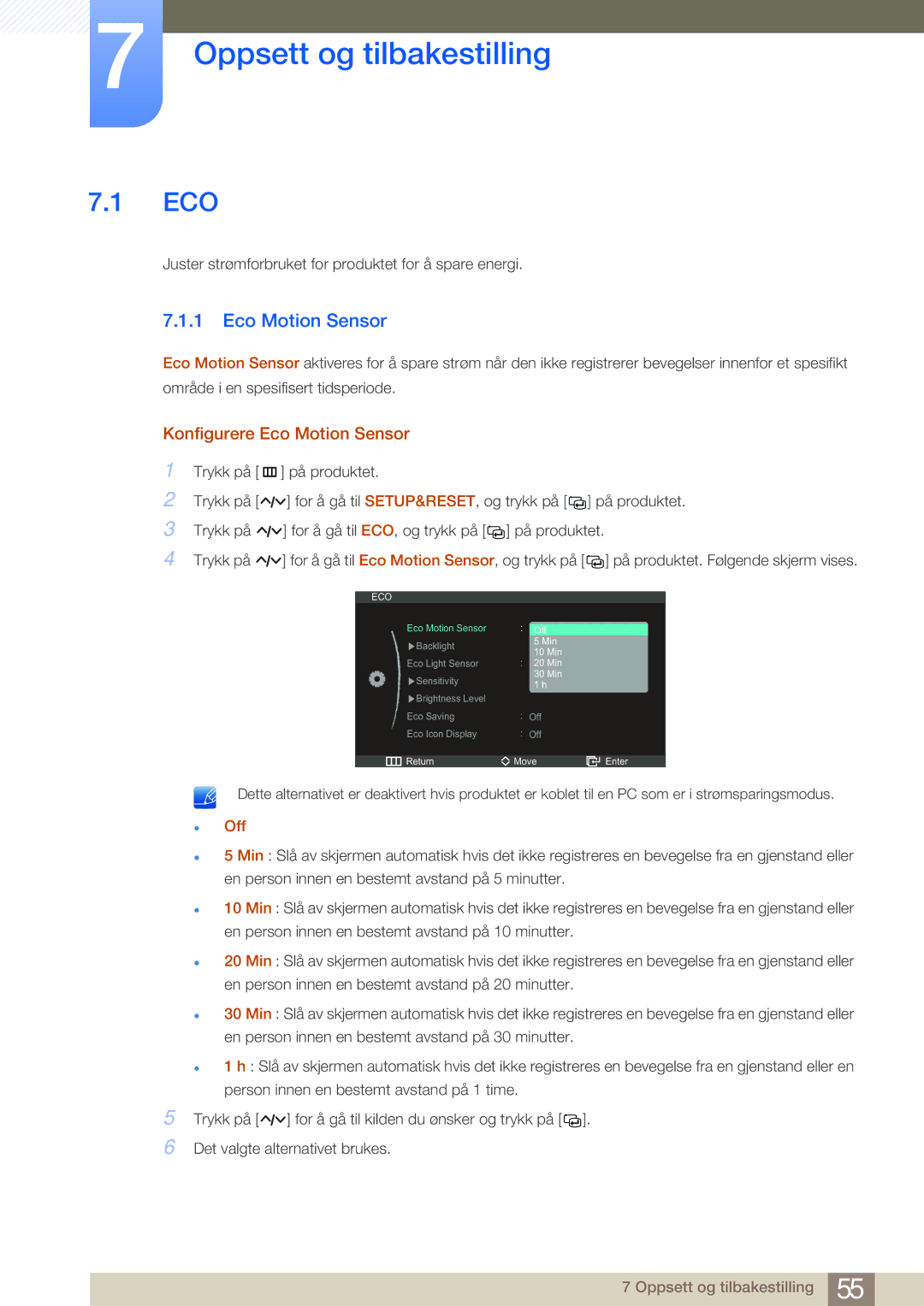 Samsung LS27A950DSL/EN, LS27A950DS/EN manual Oppsett og tilbakestilling, Konfigurere Eco Motion Sensor 