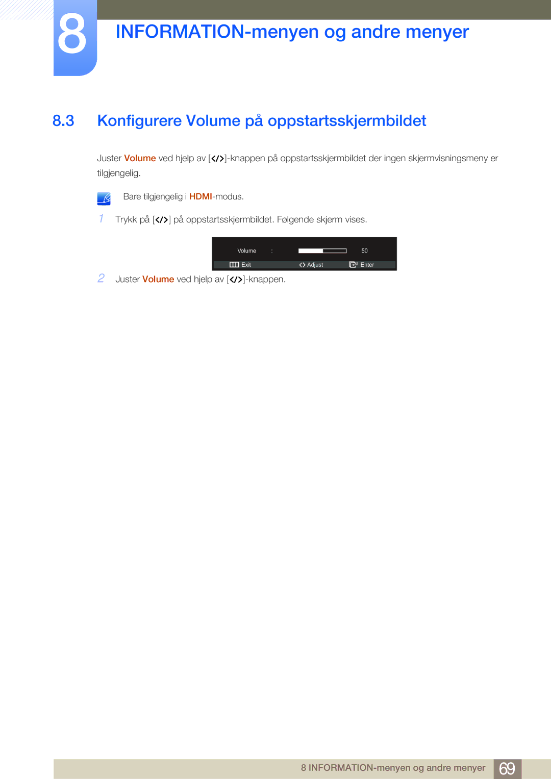 Samsung LS27A950DSL/EN, LS27A950DS/EN manual Konfigurere Volume på oppstartsskjermbildet 