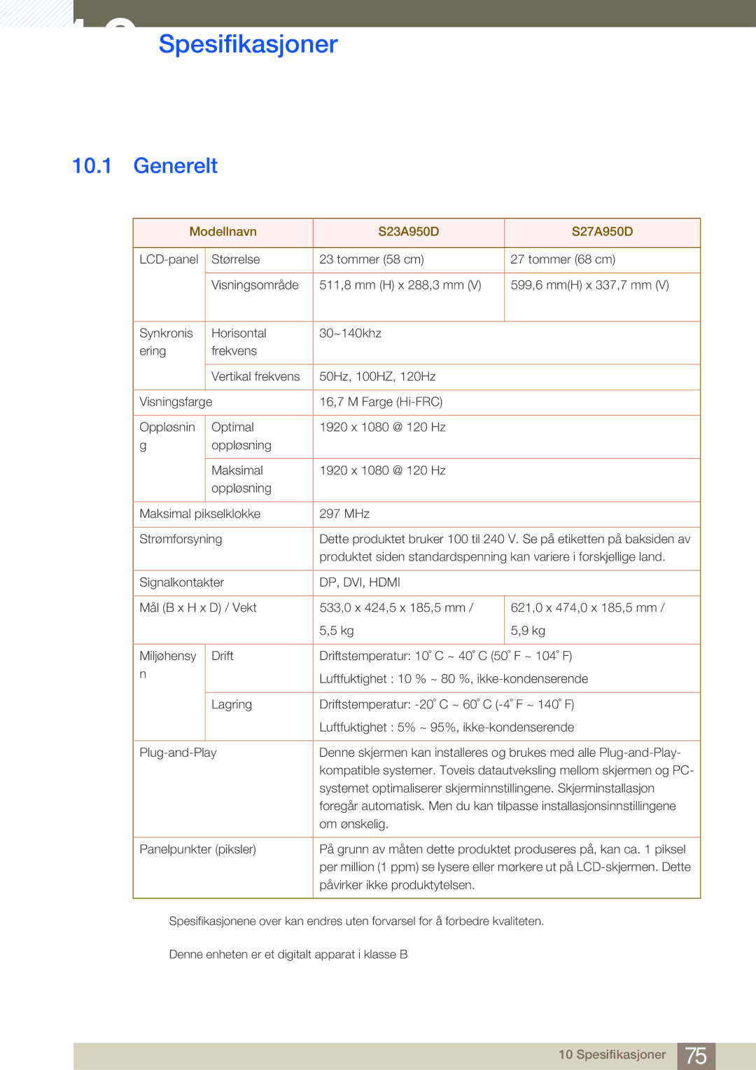 Samsung LS27A950DSL/EN, LS27A950DS/EN manual Spesifikasjoner, Generelt 