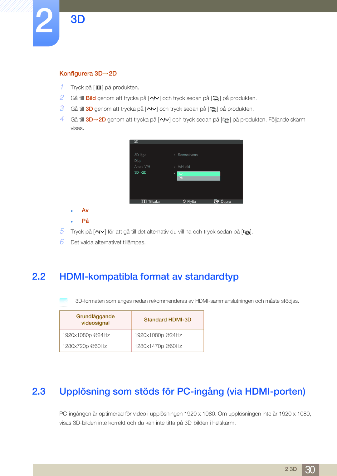 Samsung LS27A950DS/EN manual HDMI-kompatibla format av standardtyp, Upplösning som stöds för PC-ingång via HDMI-porten 