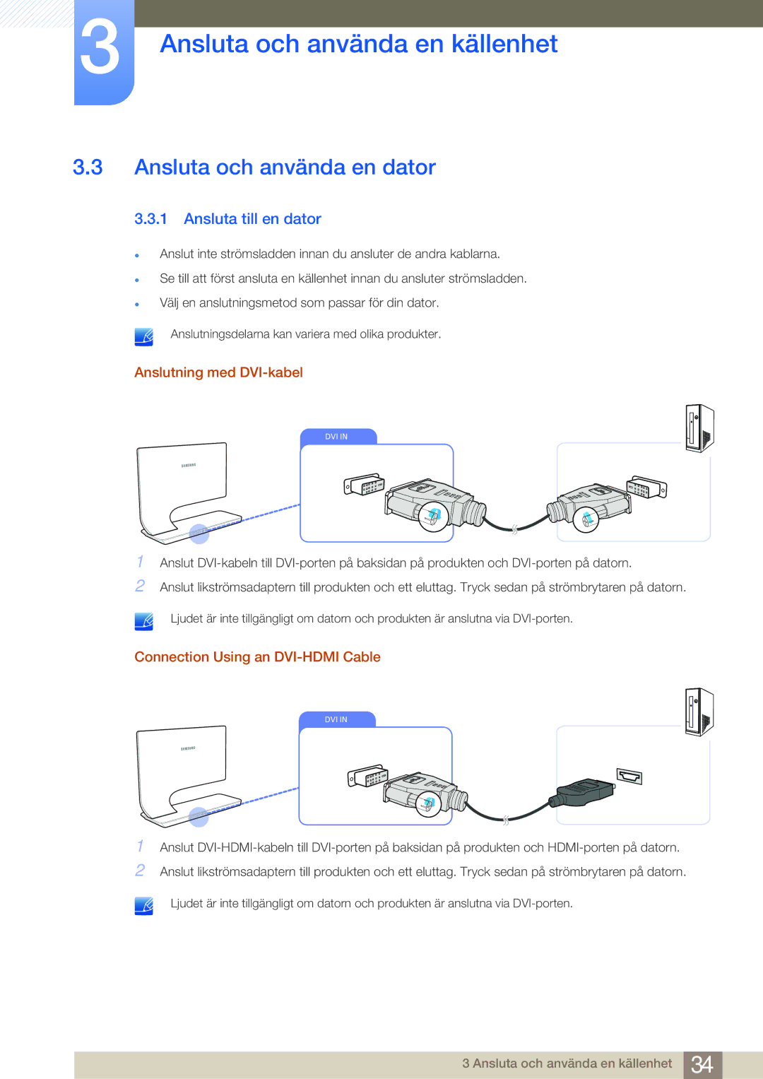 Samsung LS27A950DS/EN, LS27A950DSL/EN manual Ansluta och använda en dator, Ansluta till en dator, Anslutning med DVI-kabel 