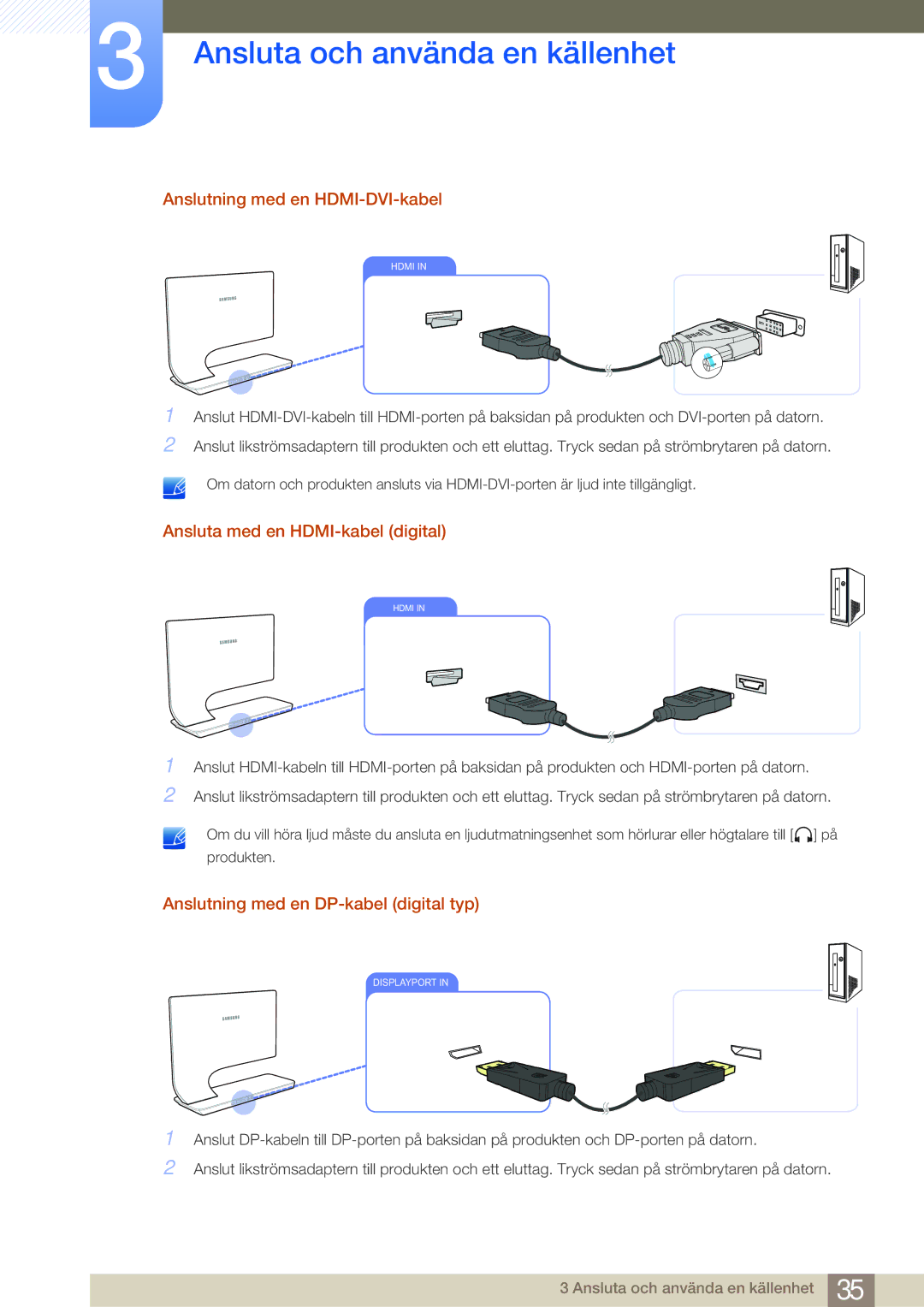 Samsung LS27A950DSL/EN, LS27A950DS/EN manual Anslutning med en HDMI-DVI-kabel, Ansluta med en HDMI-kabel digital 