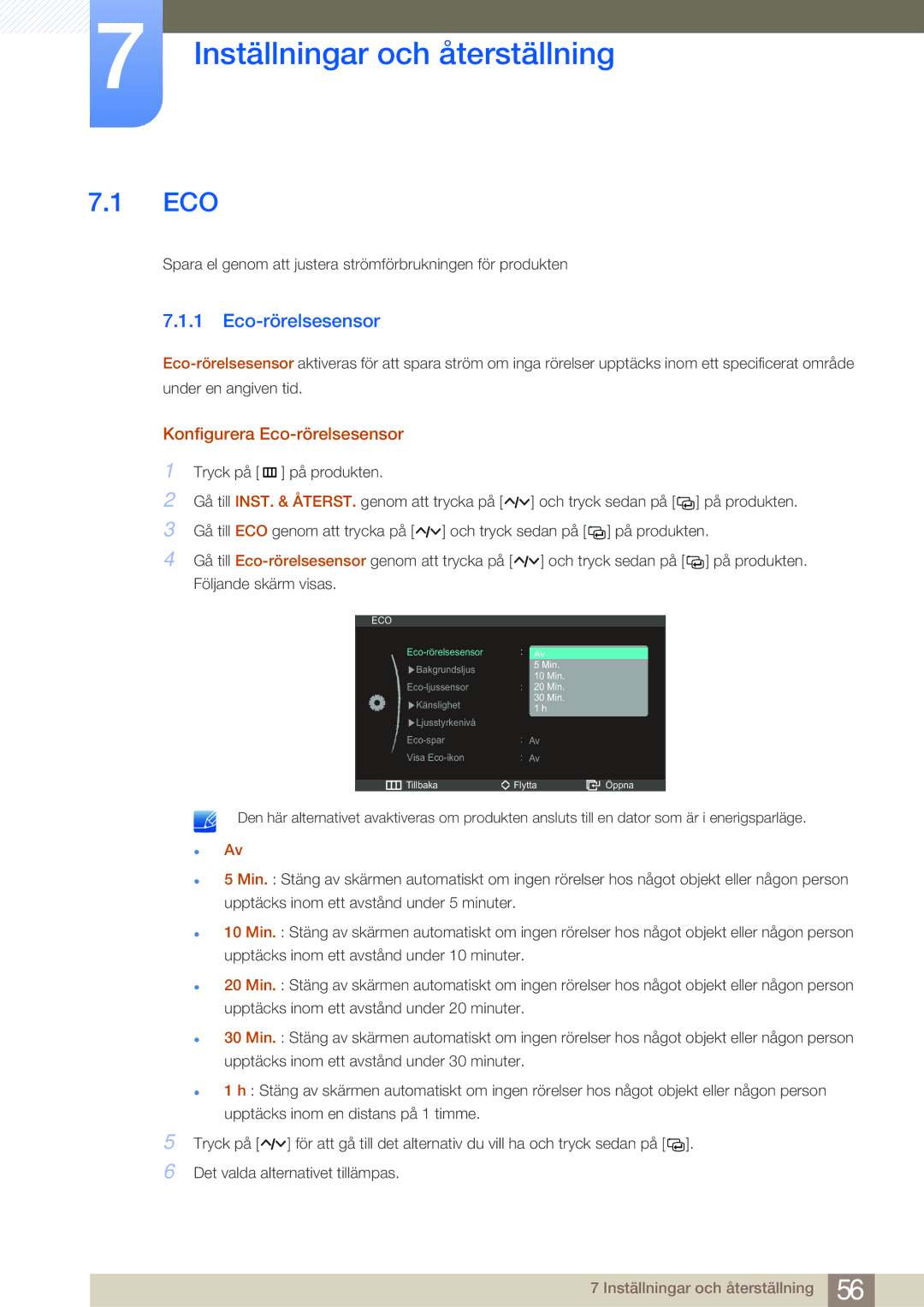 Samsung LS27A950DS/EN, LS27A950DSL/EN manual Inställningar och återställning, Konfigurera Eco-rörelsesensor 