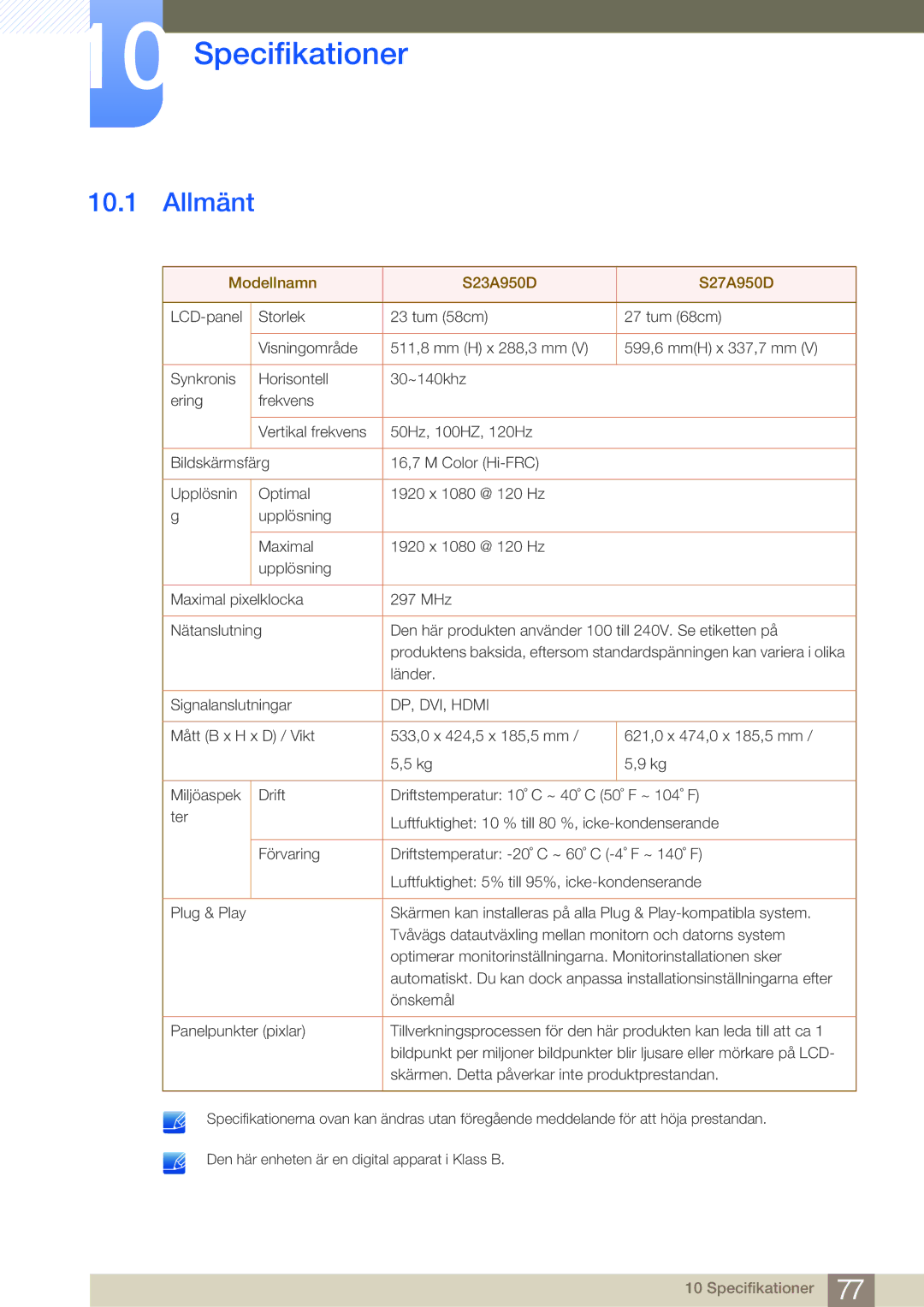 Samsung LS27A950DSL/EN, LS27A950DS/EN manual Specifikationer, Allmänt 