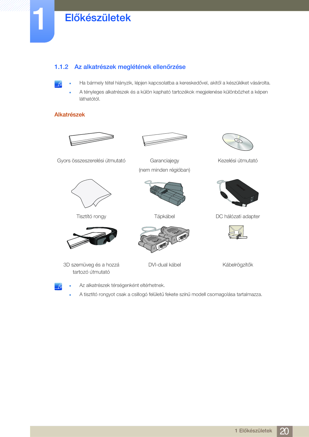 Samsung LS27A950DS/EN, LS27A950DSL/EN manual Az alkatrészek meglétének ellenőrzése, Alkatrészek 