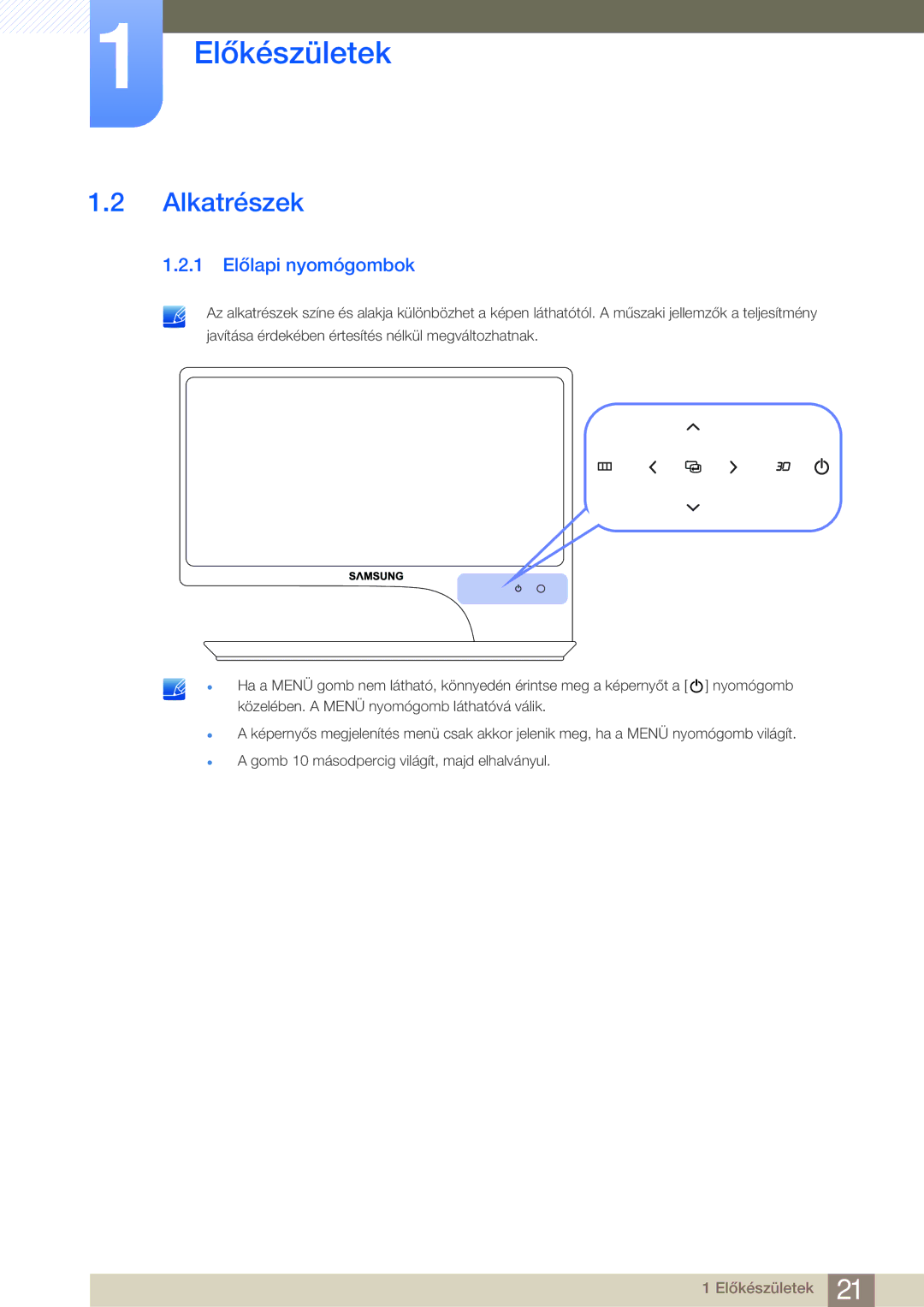 Samsung LS27A950DSL/EN, LS27A950DS/EN manual Alkatrészek, 1 Előlapi nyomógombok 