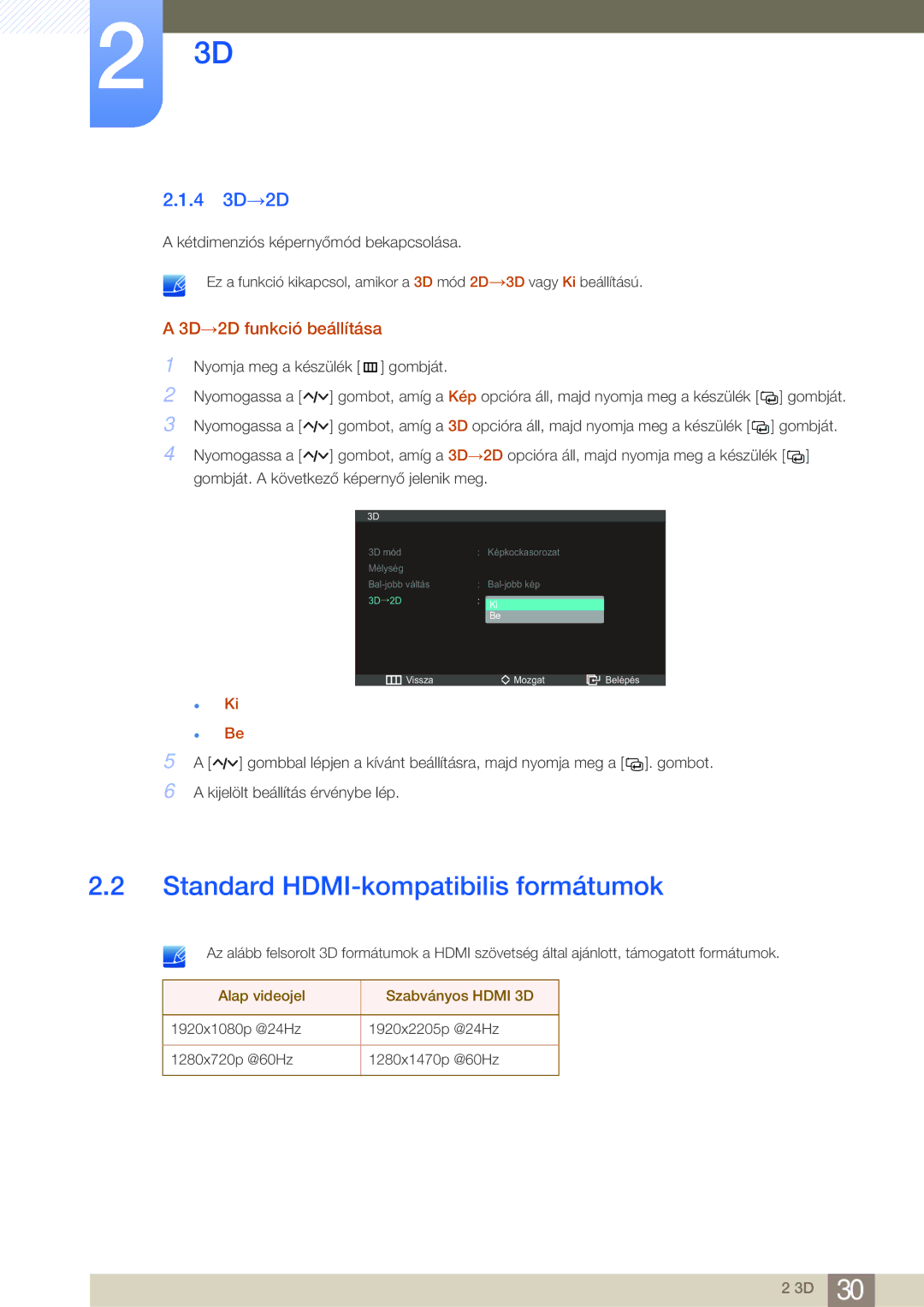 Samsung LS27A950DS/EN, LS27A950DSL/EN manual Standard HDMI-kompatibilis formátumok, 4 3D→2D, 3D→2D funkció beállítása 