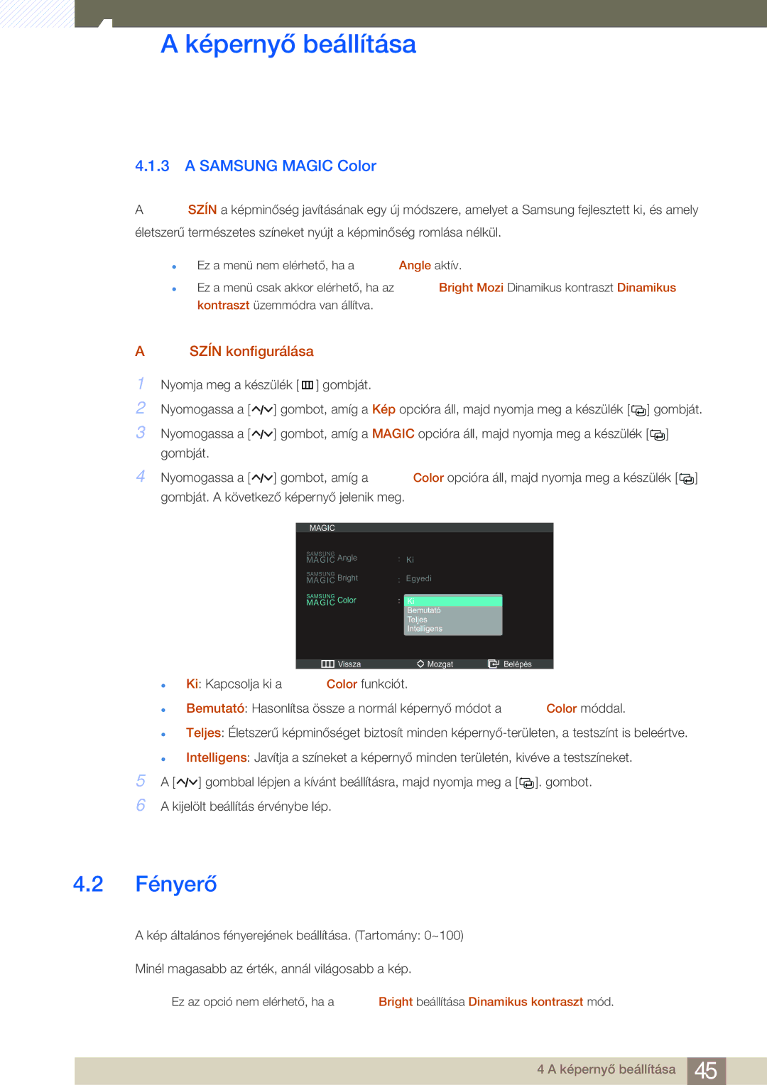 Samsung LS27A950DSL/EN, LS27A950DS/EN manual Fényerő, Samsung Magic Color, Szín konfigurálása 
