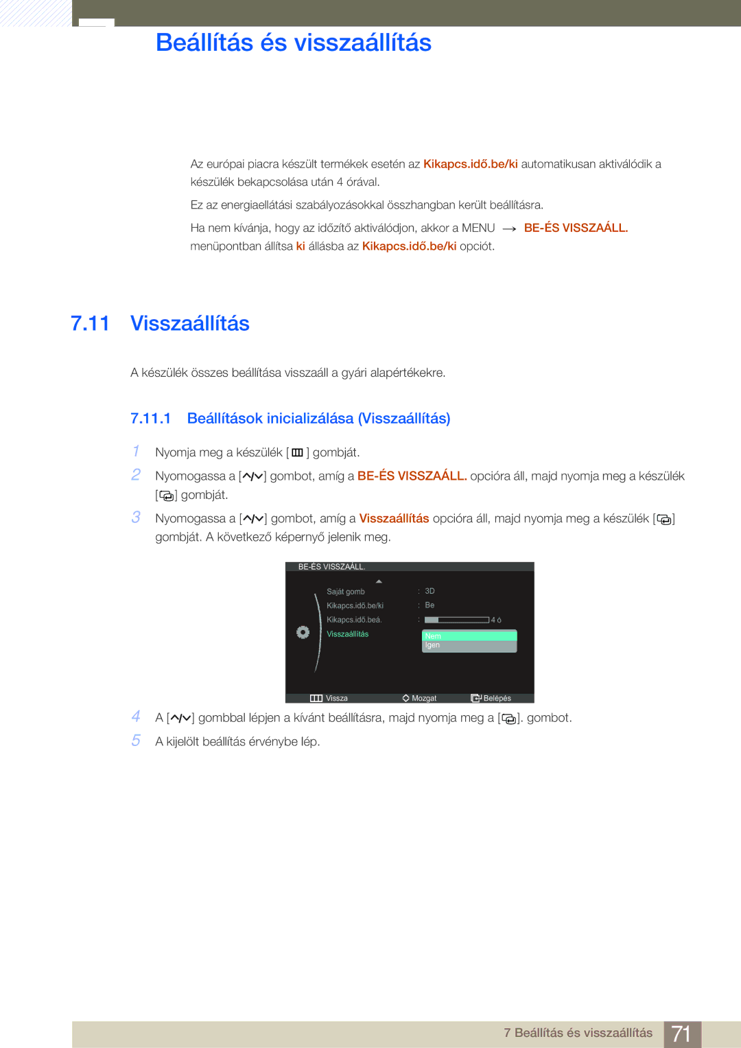 Samsung LS27A950DSL/EN, LS27A950DS/EN manual 11.1 Beállítások inicializálása Visszaállítás 