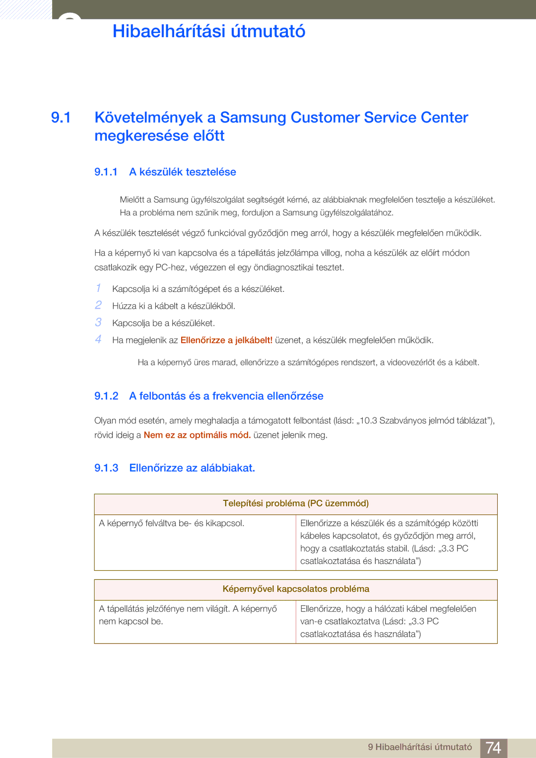 Samsung LS27A950DS/EN manual Hibaelhárítási útmutató, 1 a készülék tesztelése, Felbontás és a frekvencia ellenőrzése 