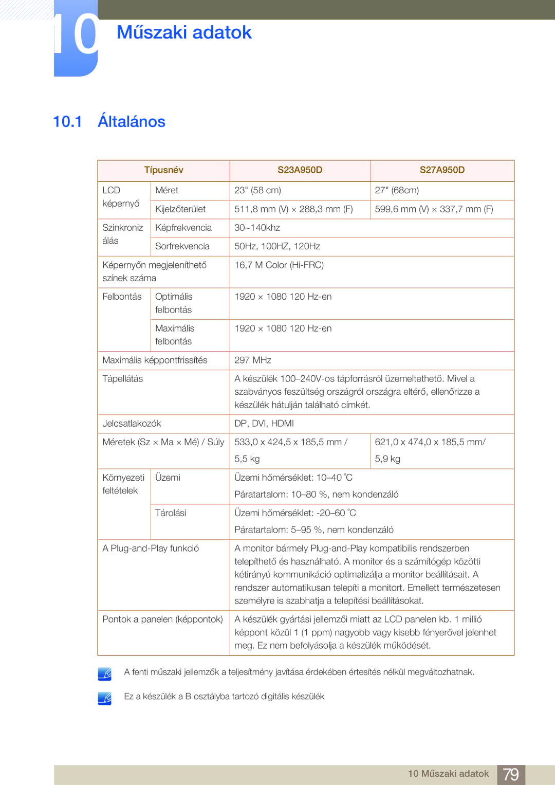 Samsung LS27A950DSL/EN, LS27A950DS/EN manual 10 Műszaki adatok, 10.1 Általános 