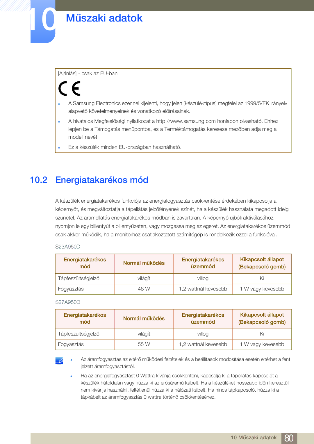 Samsung LS27A950DS/EN, LS27A950DSL/EN manual Energiatakarékos mód 