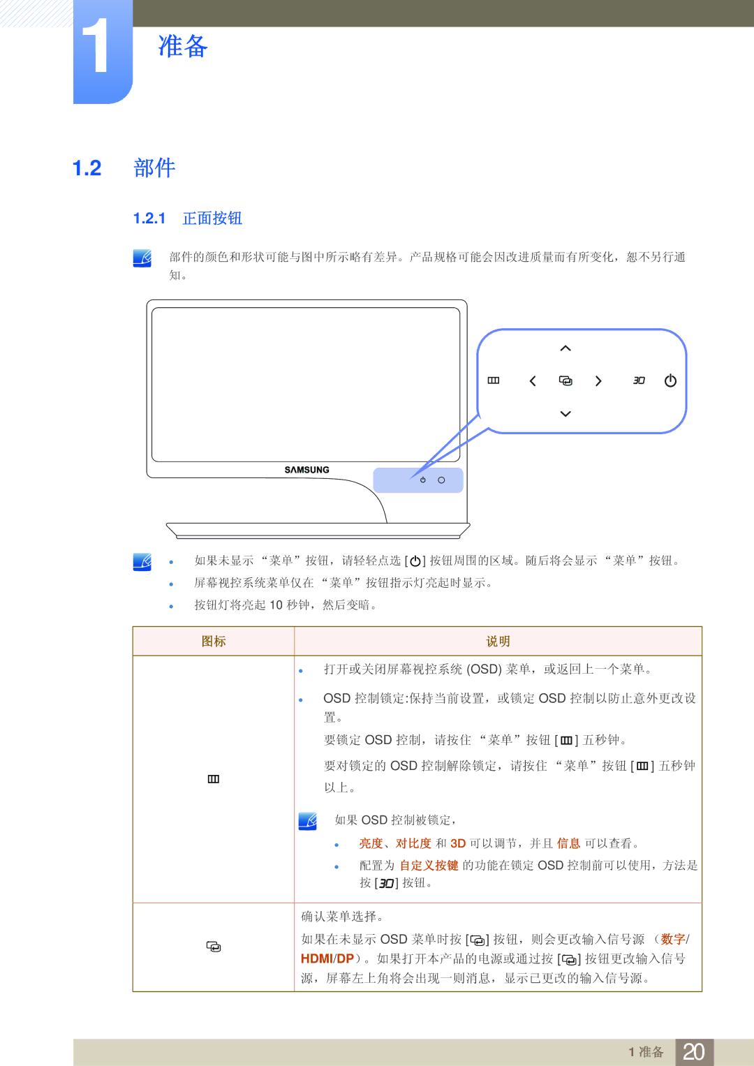 Samsung LS27A950DS/EN, LS27A950DSL/EN manual 1 正面按钮 