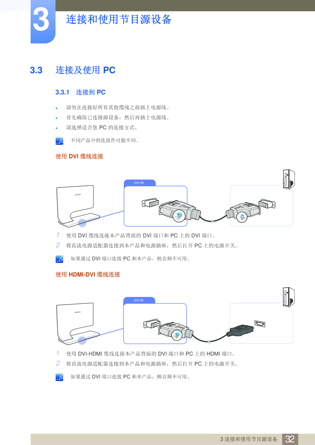 Samsung LS27A950DS/EN, LS27A950DSL/EN manual 连接及使用 Pc, 使用 Dvi 缆线连接 