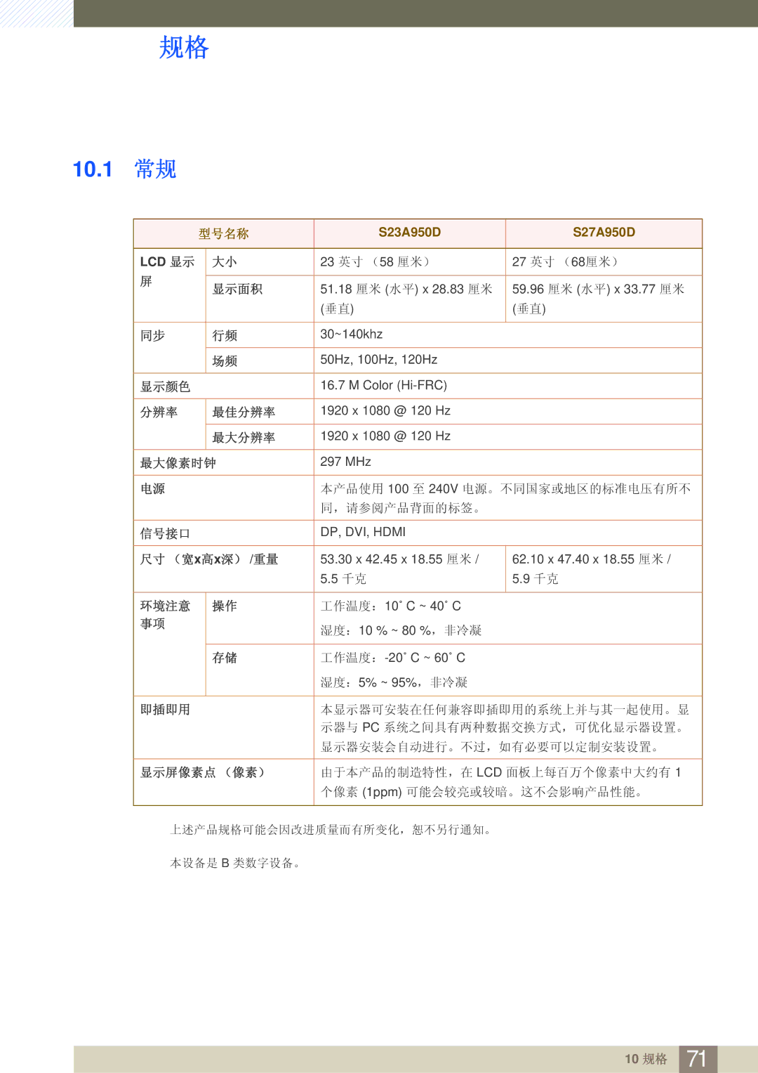 Samsung LS27A950DSL/EN, LS27A950DS/EN manual 10 规格 