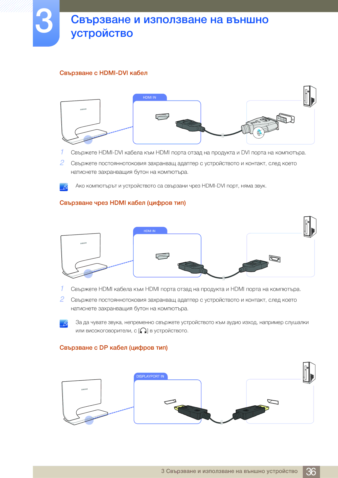 Samsung LS27A950DS/EN Свързване с HDMI-DVI кабел, Свързване чрез Hdmi кабел цифров тип, Свързване с DP кабел цифров тип 