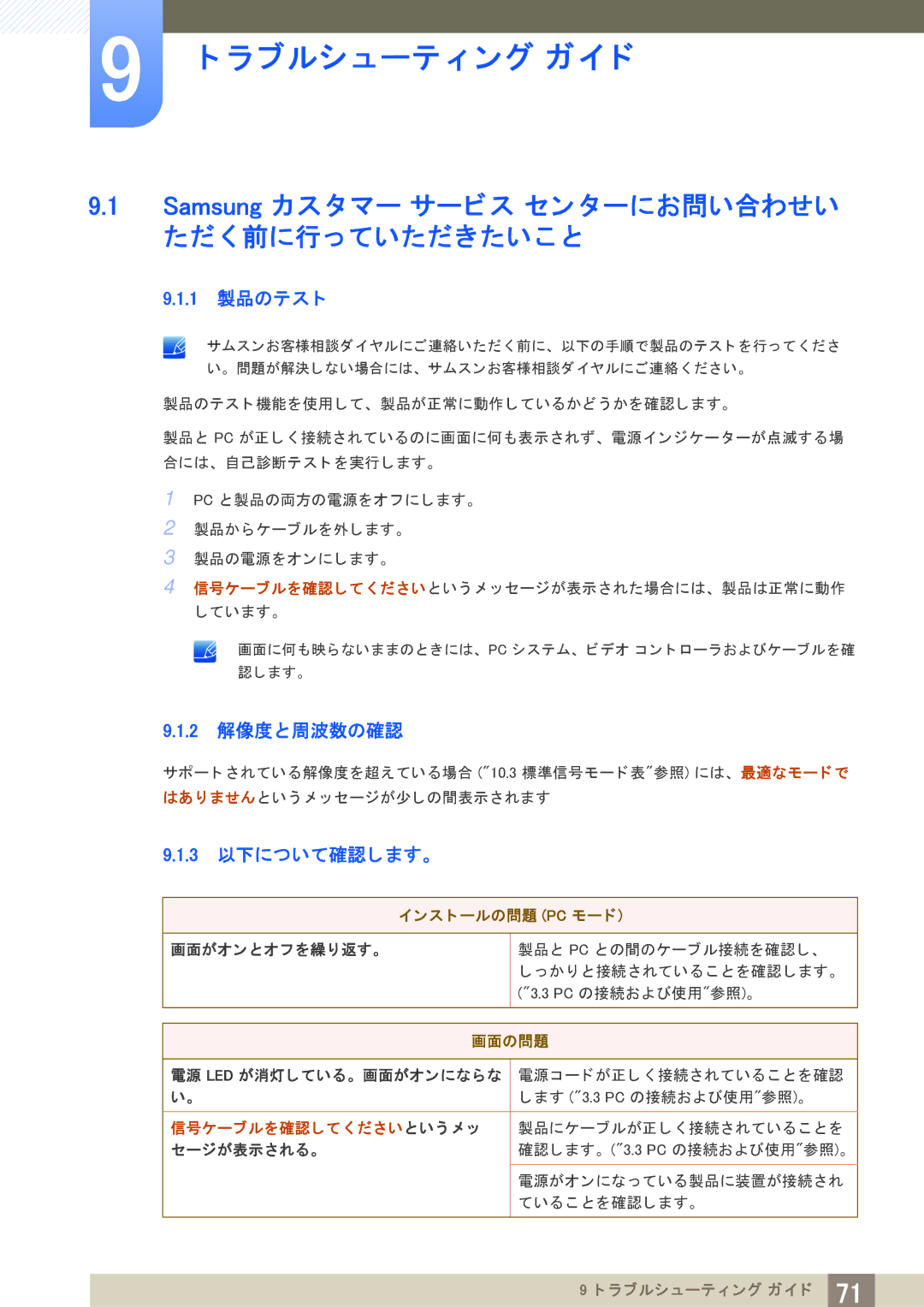 Samsung LS27A950DS/XJ Samsung カス タ マー サービス セン ターにお問い合わせい ただ く 前に行っ ていただきたいこ と, 1 製品のテス ト, 2 解像度と周波数の確認, 3 以下について確認し ます。 