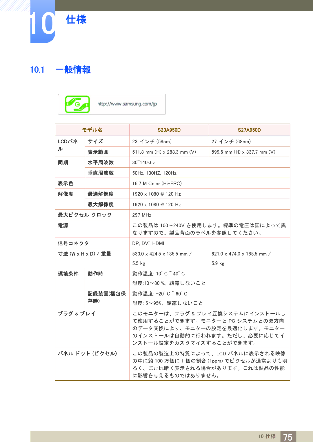 Samsung LS27A950DSL/XJ, LS23A950DS/XJ, LS27A950DS/XJ manual 10 仕様, 10.1 一般情報 