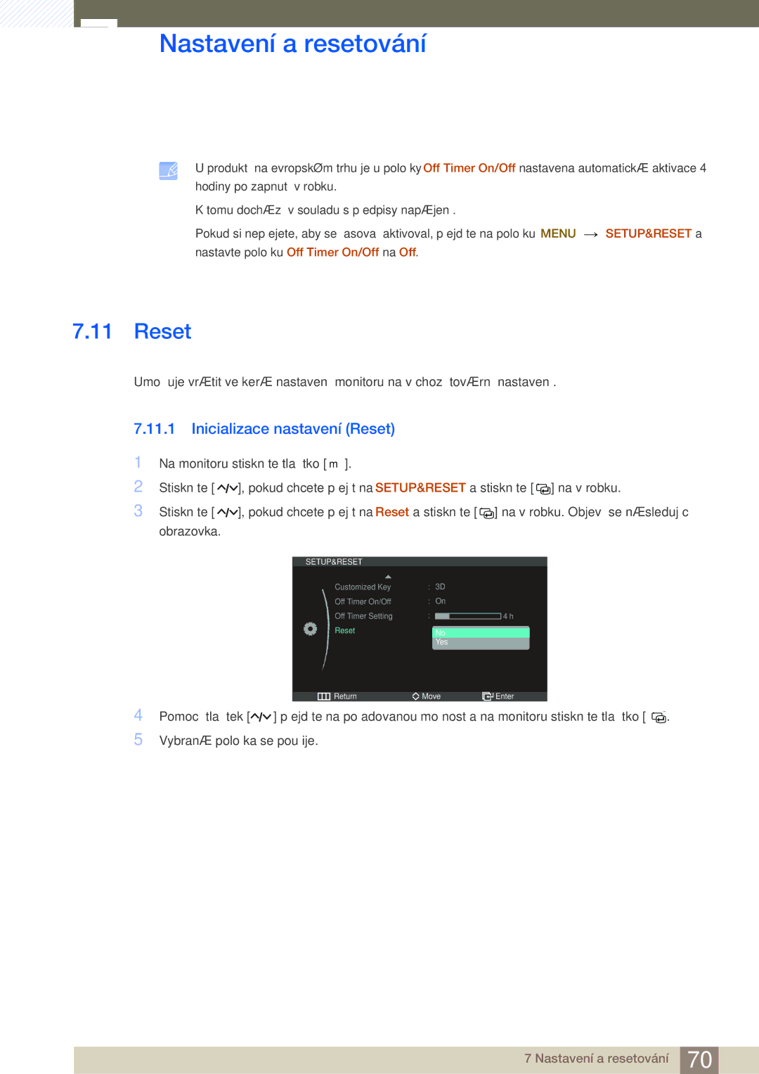 Samsung LS27A950DS/EN, LS27A950DS/ZA, LS27A950DSL/EN manual Inicializace nastavení Reset 