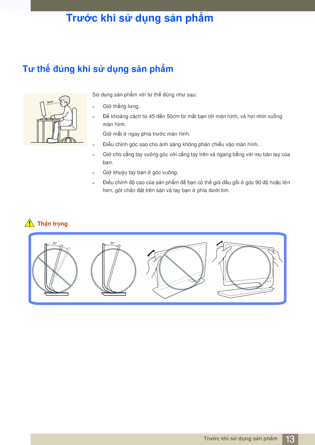 Samsung LS27A950DS/XV, LS27A950DS/ZA manual Tư thế đúng khi sử dụng sản phẩm, Thận trọng 