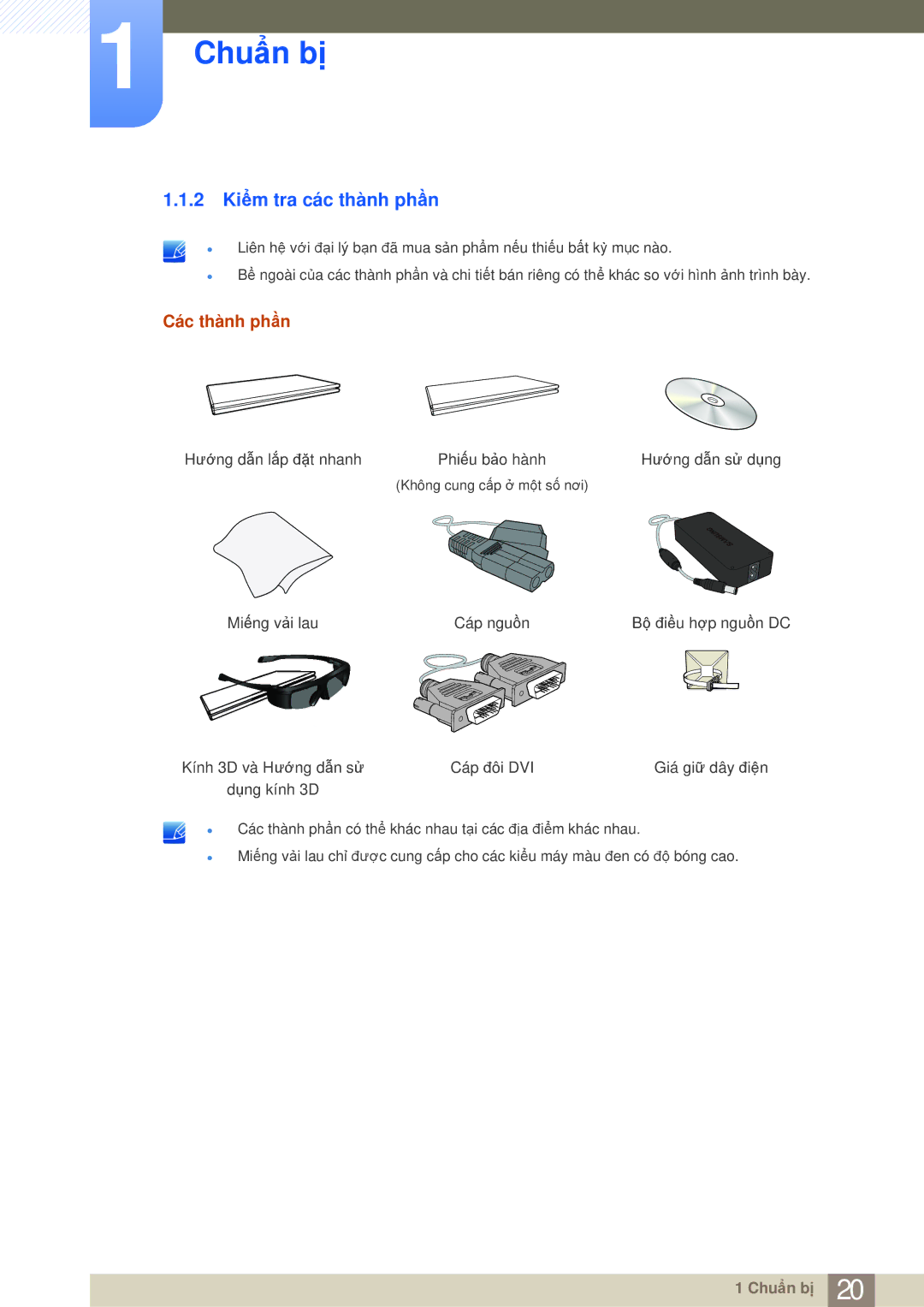 Samsung LS27A950DS/ZA, LS27A950DS/XV manual 2 Kiểm tra các thành phần, Các thành phần 