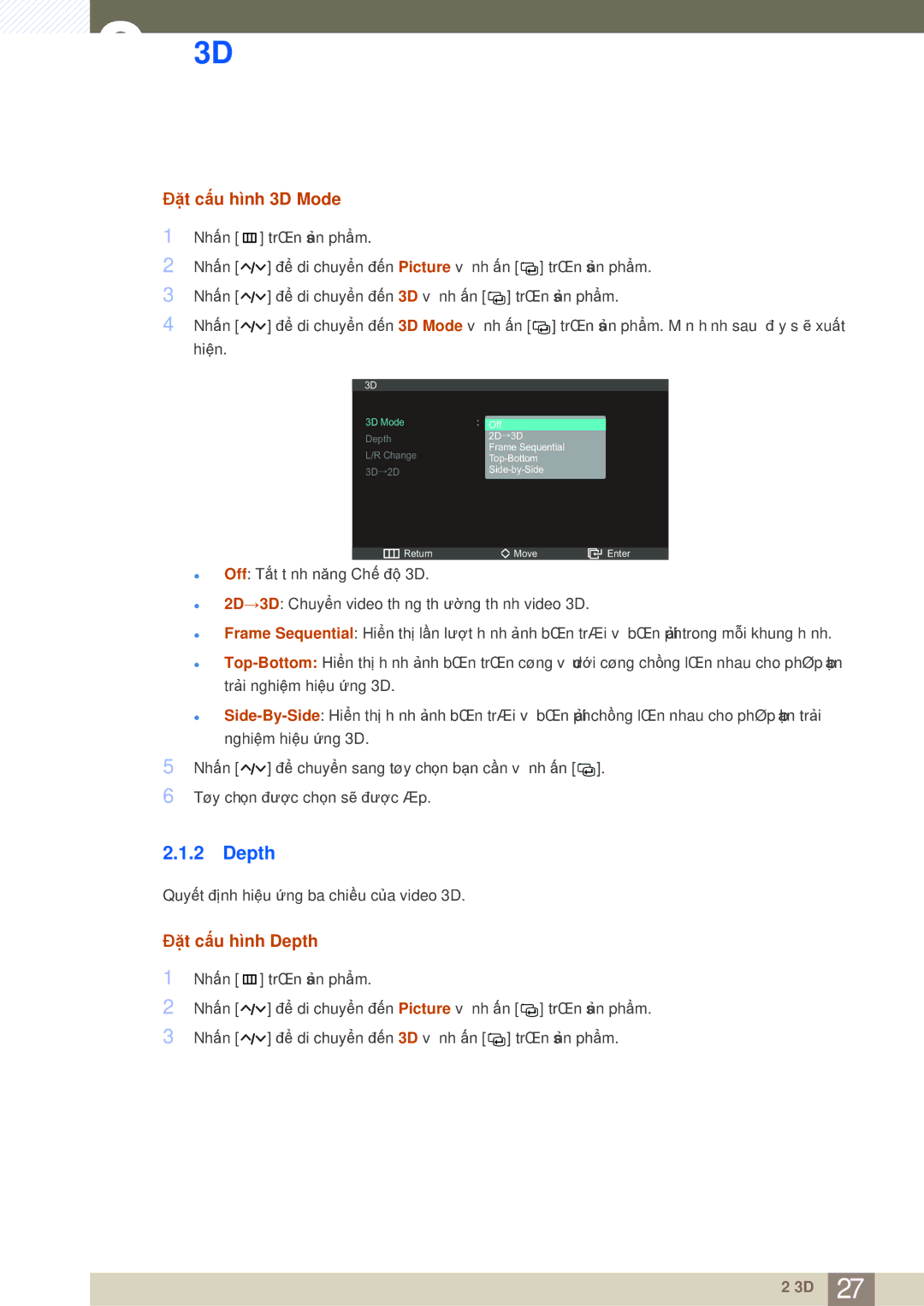 Samsung LS27A950DS/XV, LS27A950DS/ZA manual Đặt cấu hình 3D Mode, Đặt cấu hình Depth 