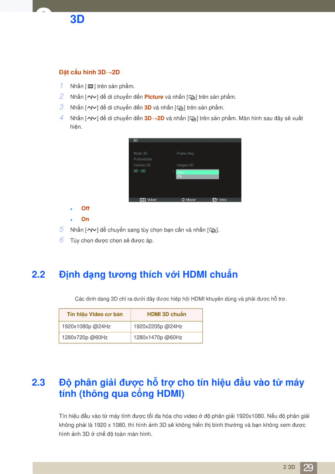 Samsung LS27A950DS/XV, LS27A950DS/ZA manual Định dạng tương thích với Hdmi chuẩn, Đặt cấu hình 3D→2D 