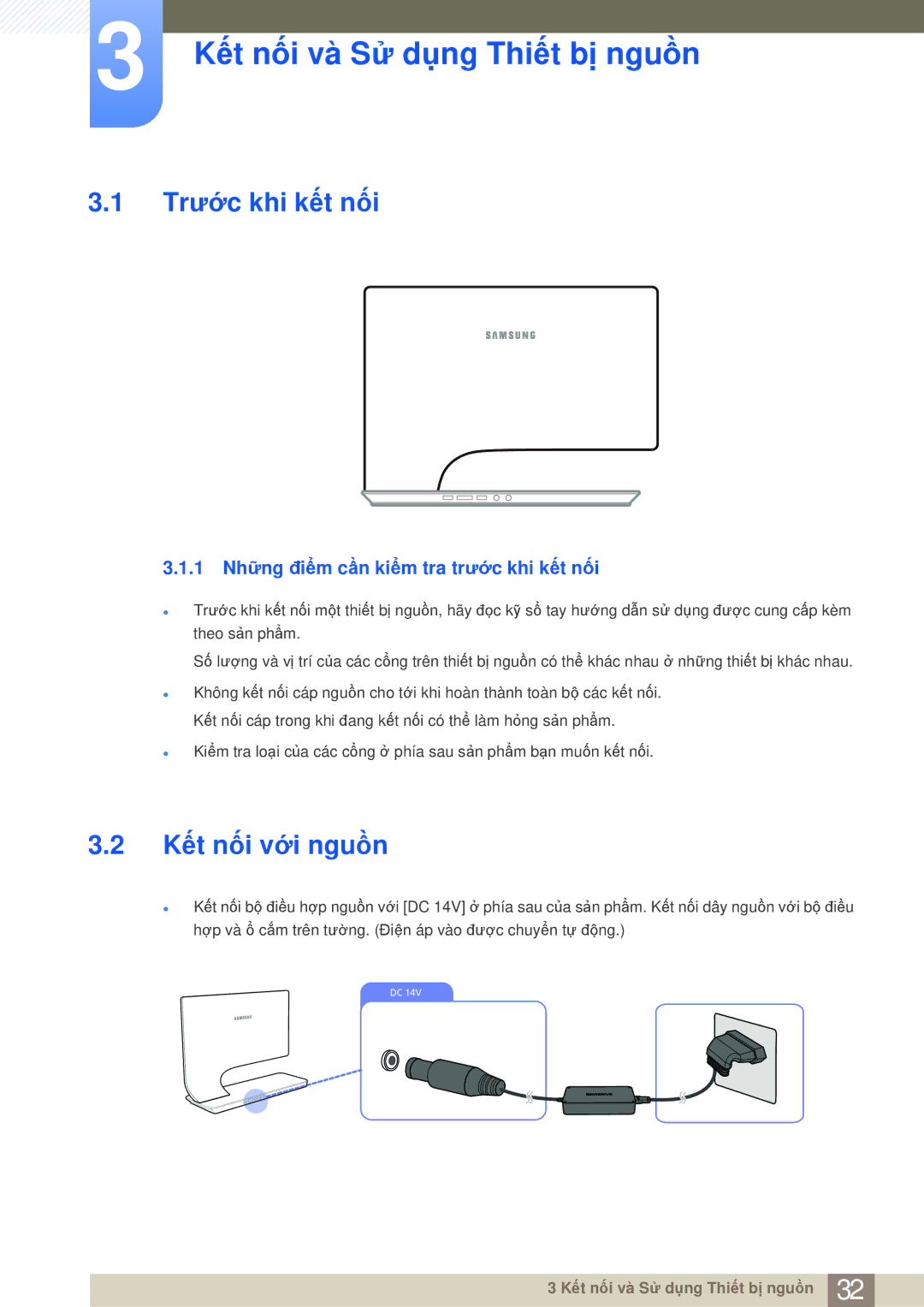 Samsung LS27A950DS/ZA, LS27A950DS/XV manual Kết nối và Sử dụng Thiết bị nguồn, Trước khi kết nối, Kết nối với nguồn 