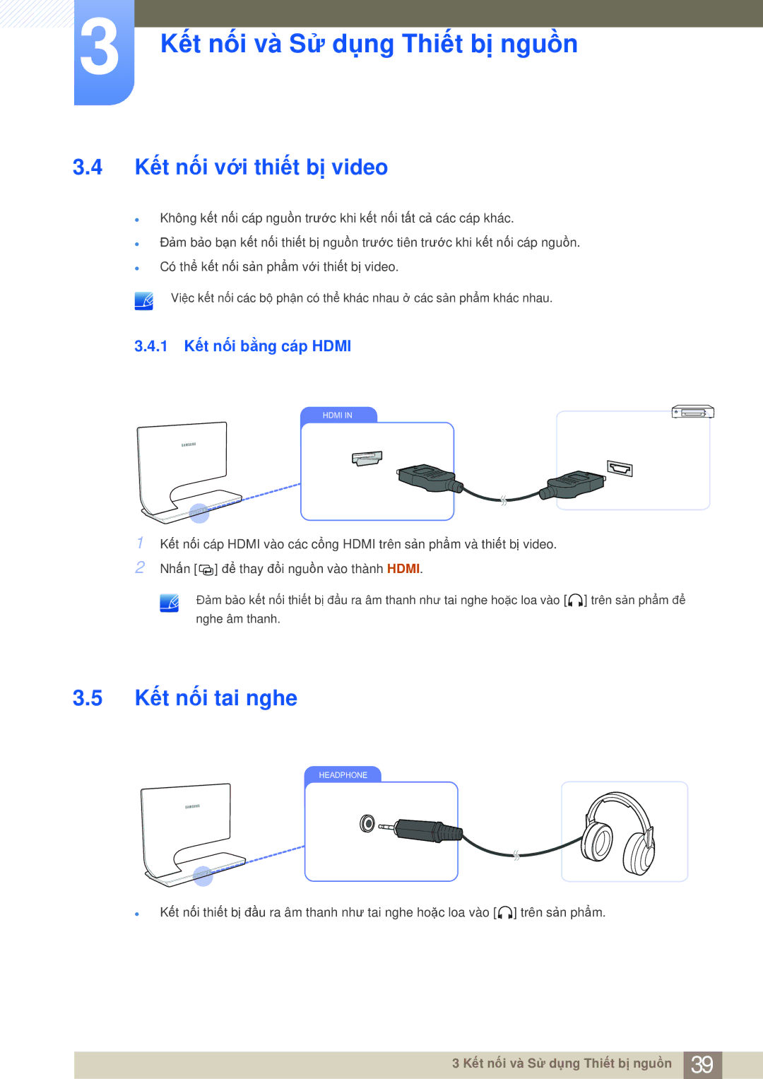 Samsung LS27A950DS/XV, LS27A950DS/ZA manual Kết nối với thiết bị video, Kết nối tai nghe, 1 Kết nối bằng cáp Hdmi 