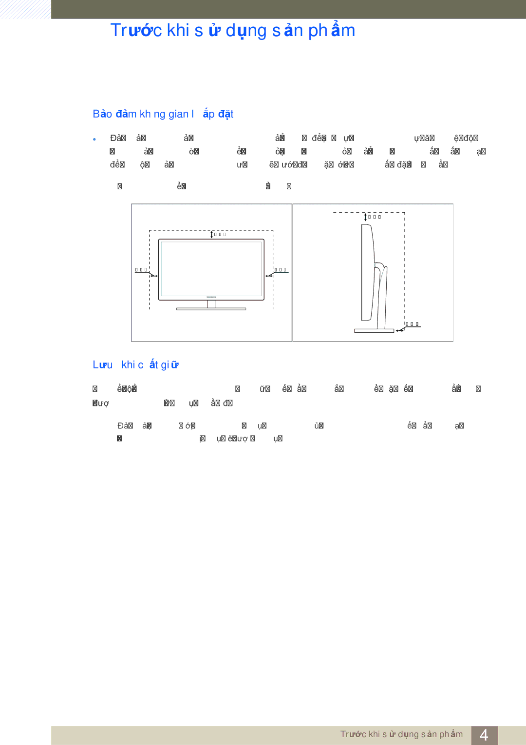 Samsung LS27A950DS/ZA, LS27A950DS/XV manual Bảo đảm không gian lắp đặt, Lưu ý khi cất giữ 