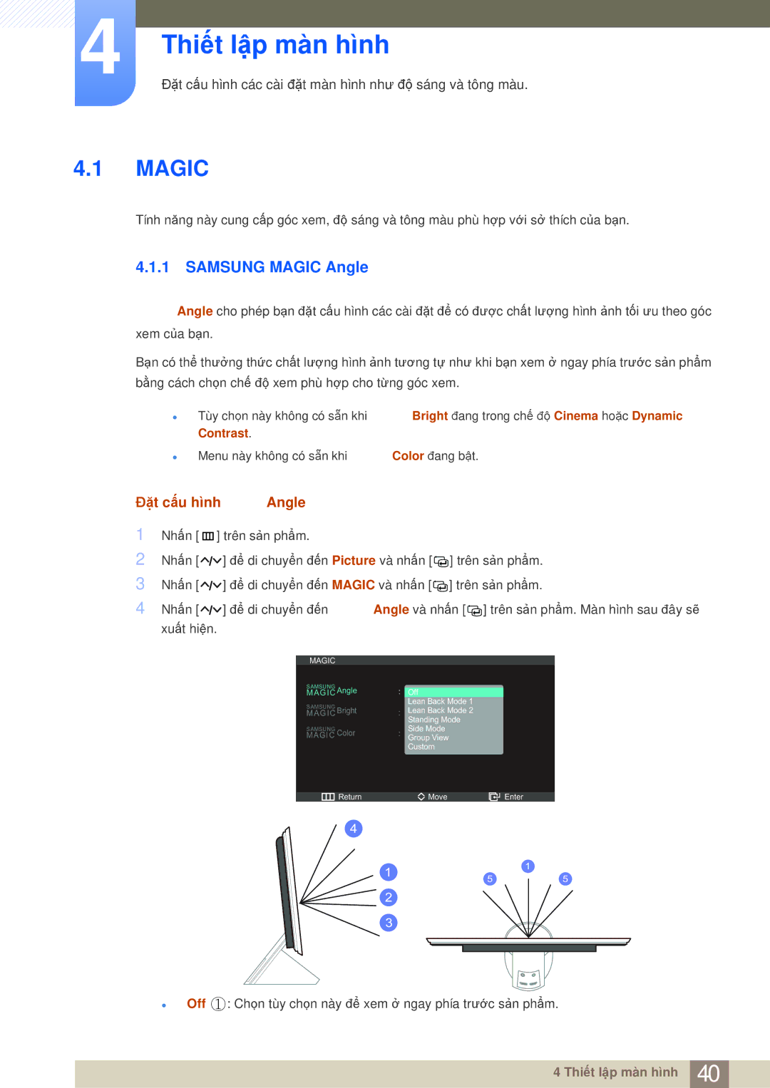 Samsung LS27A950DS/ZA, LS27A950DS/XV manual Thiết lập màn hình, Samsung Magic Angle, Đặt cấu hình Angle 