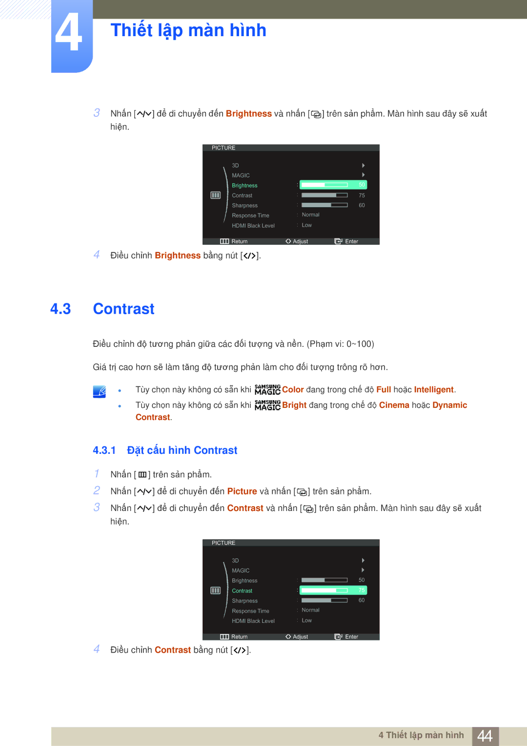 Samsung LS27A950DS/ZA, LS27A950DS/XV manual 1 Đặt cấu hình Contrast 