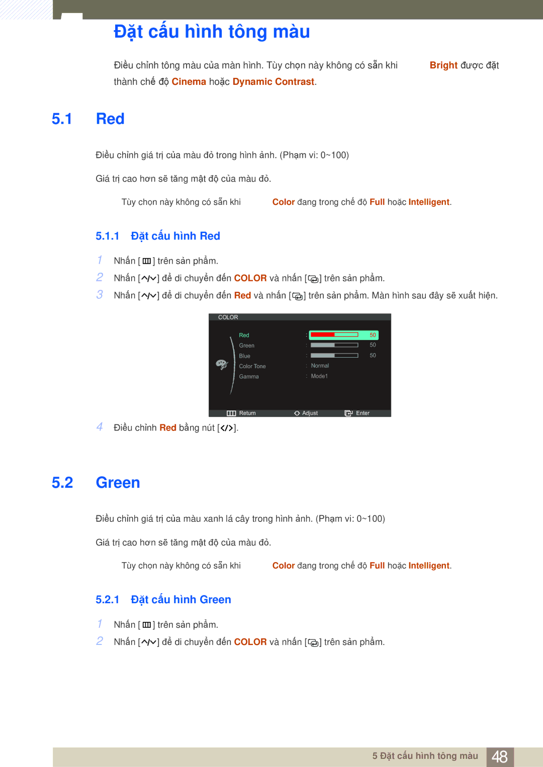 Samsung LS27A950DS/ZA, LS27A950DS/XV manual Đặt cấu hình tông màu, 1 Đặt cấu hình Red, 1 Đặt cấu hình Green 