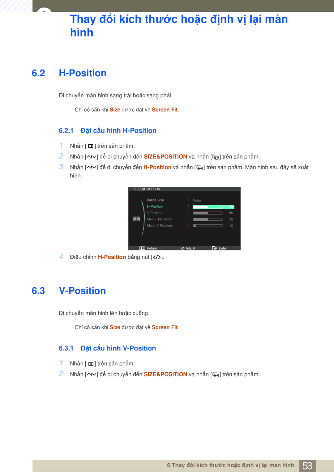 Samsung LS27A950DS/XV, LS27A950DS/ZA manual 1 Đặt cấu hình H-Position, 1 Đặt cấu hình V-Position 