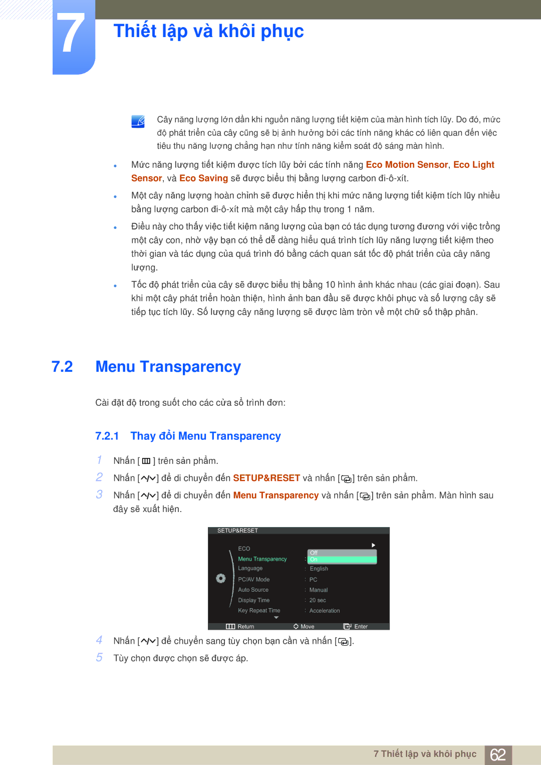 Samsung LS27A950DS/ZA, LS27A950DS/XV manual Thay đổi Menu Transparency 